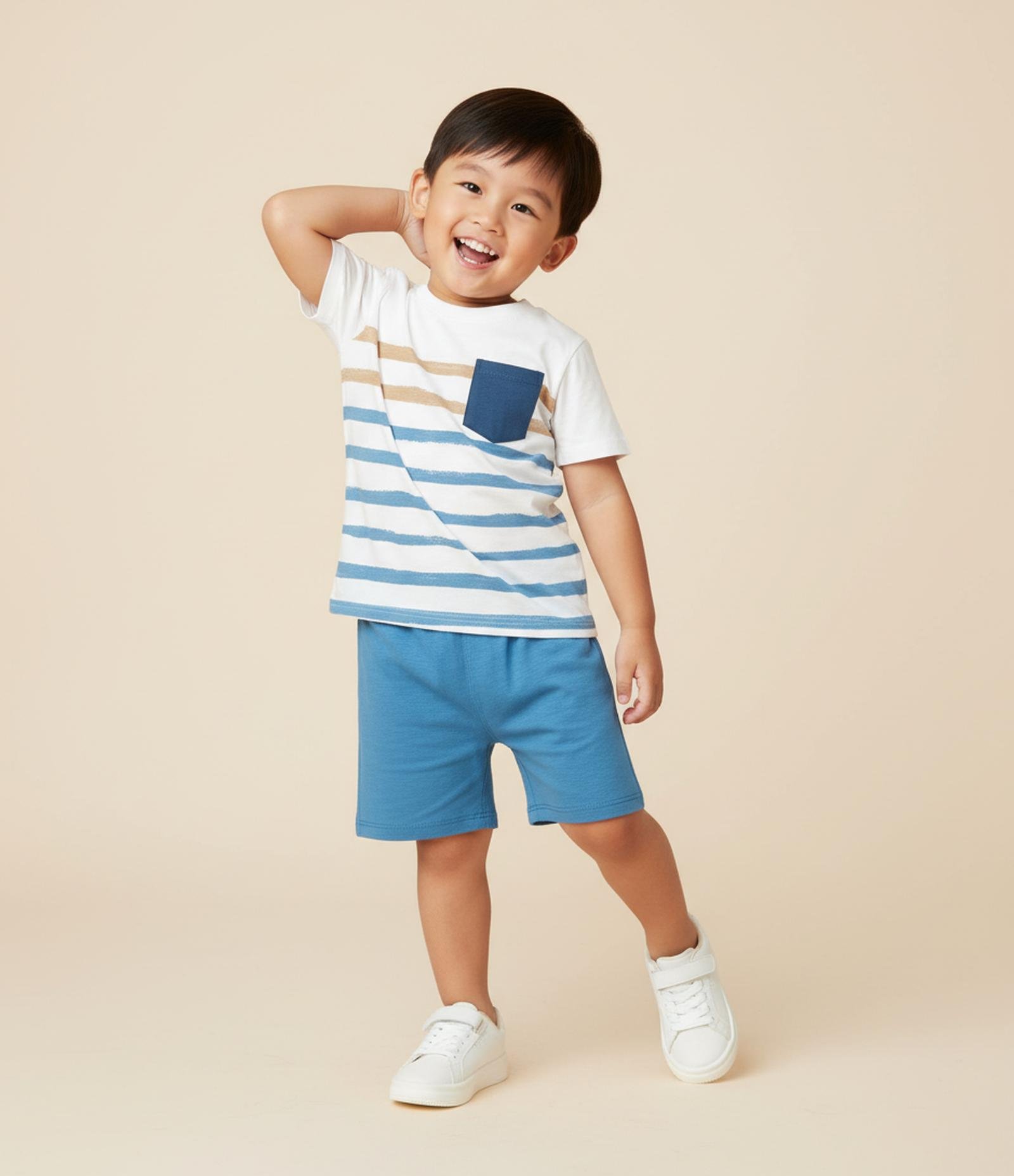 Conjunto Infantil com Bolsinho e Estampa Listrada - Tam 1 a 6 Anos Branco/Azul 1