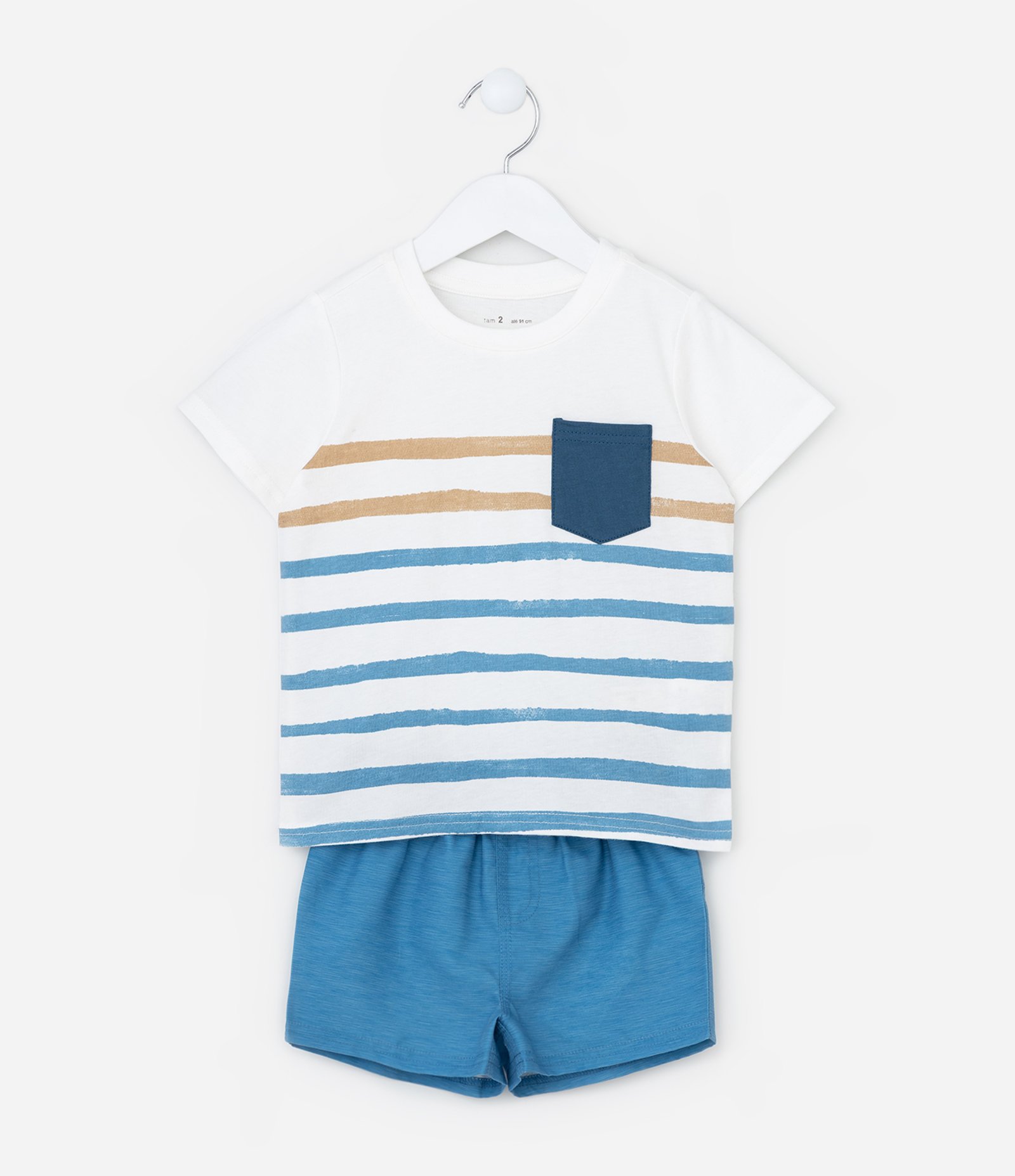 Conjunto Infantil com Bolsinho e Estampa Listrada - Tam 1 a 6 Anos Branco/Azul 2