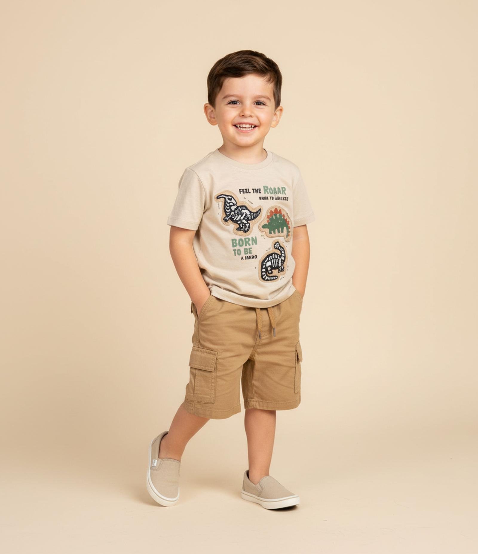 Camiseta Infantil com Estampa Interativa Dinos - Tam 1 a 6 Anos Bege 1