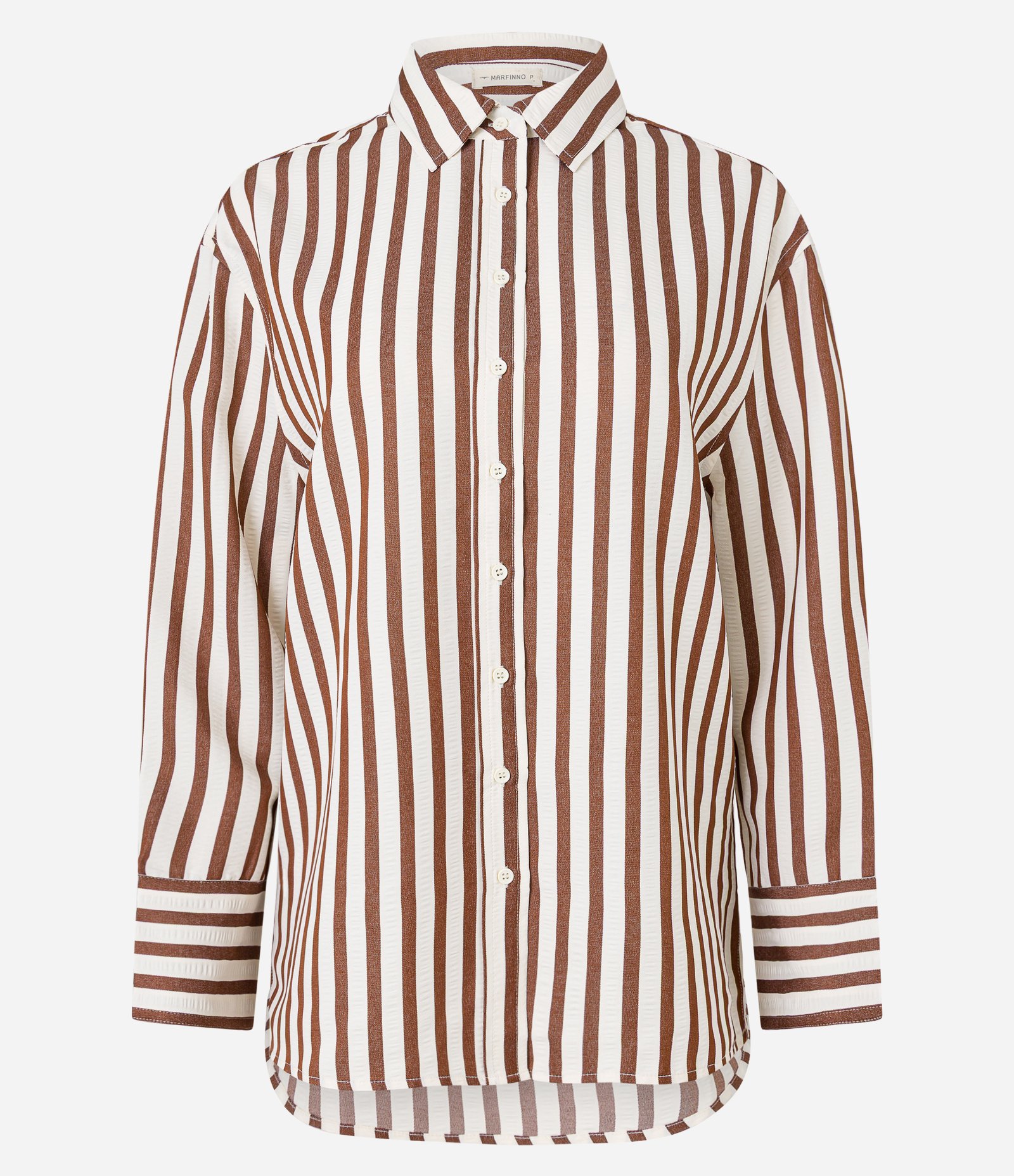 Camisa Anarruga com Listras e Abotoamento Frontal Marrom 6