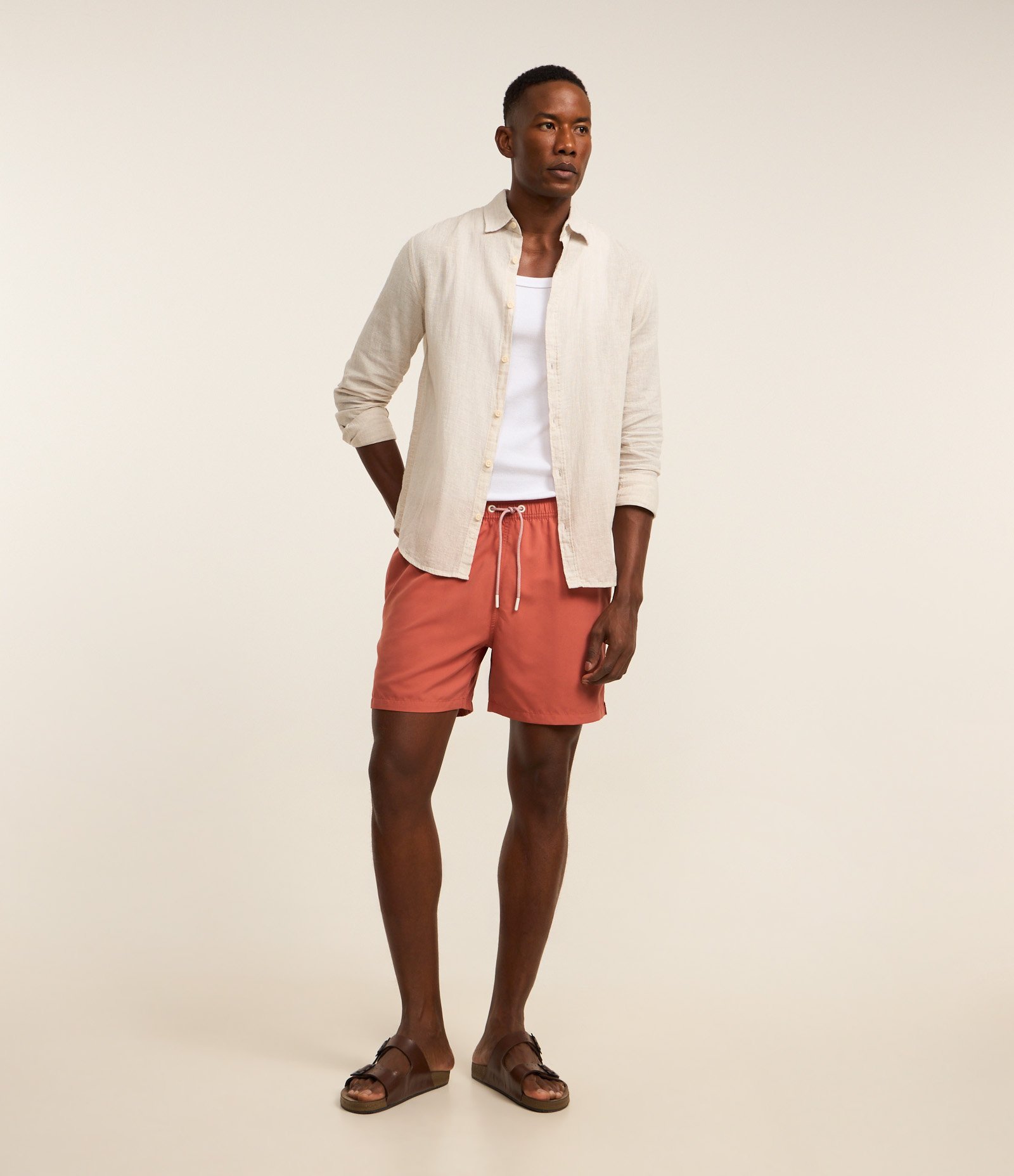 Bermuda de Banho em Peach Touch com Cós Elástico Marrom 1