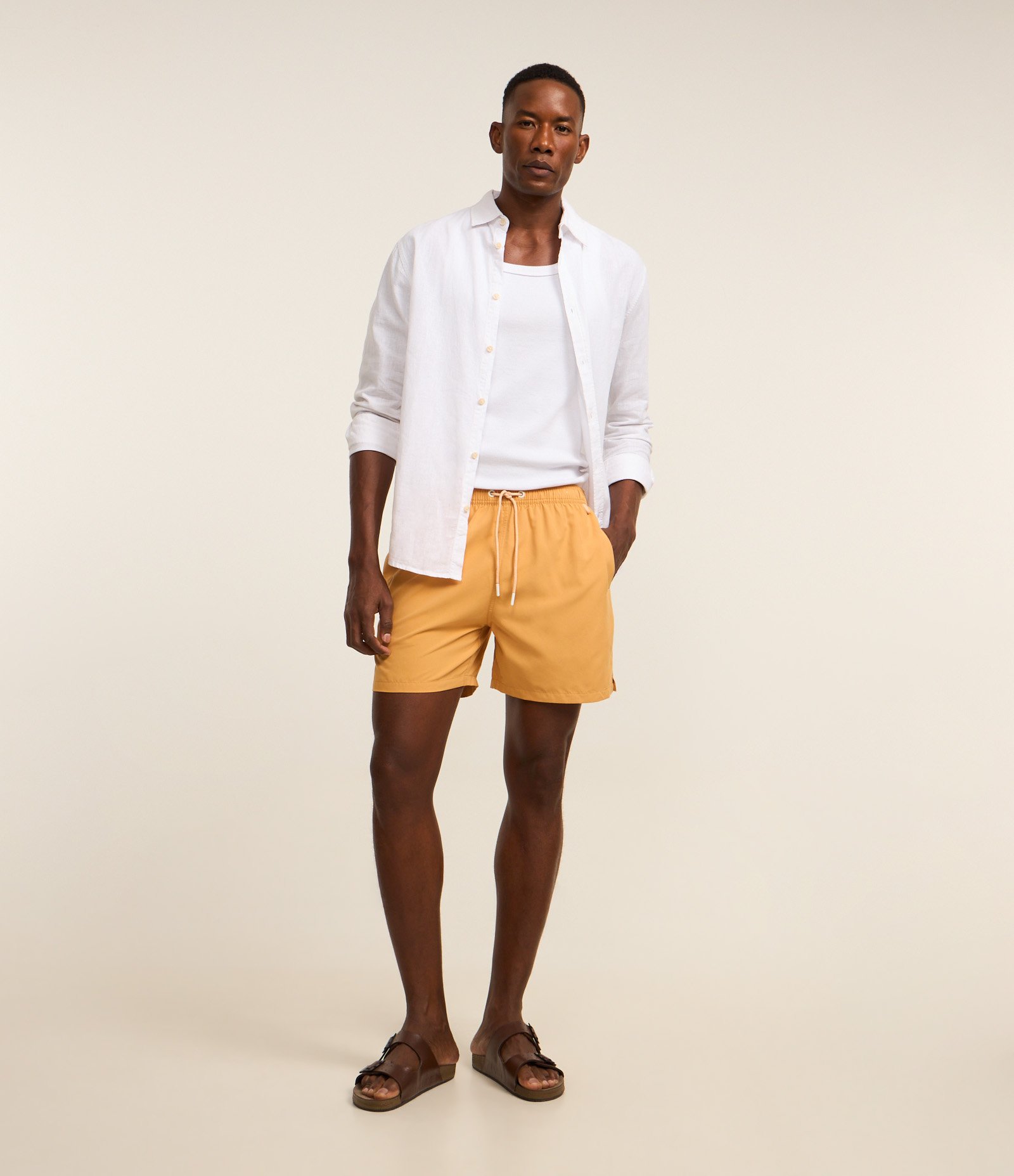 Bermuda de Banho em Peach Touch com Cós Elástico Amarelo 1