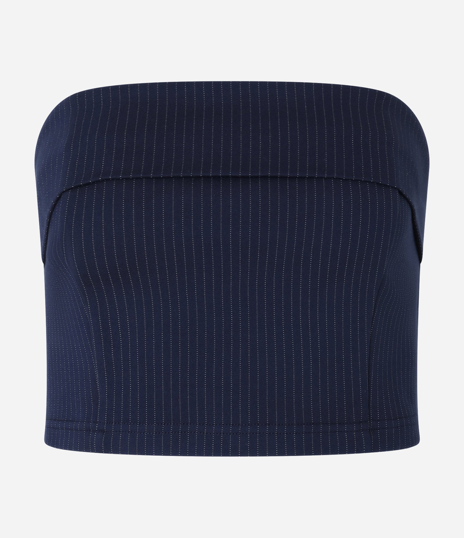 BLusa Cropped Ajustada Sem Alça em Ponto Roma Listrado Azul Marinho 6