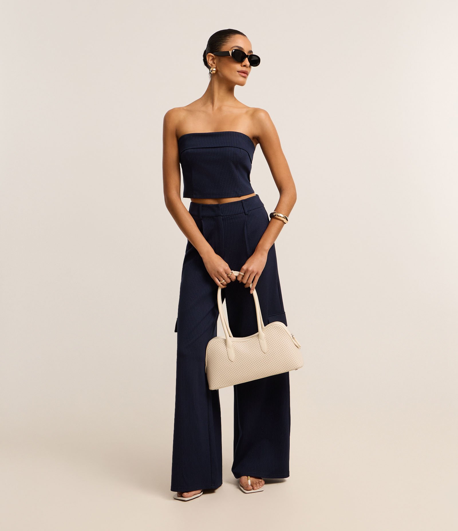 BLusa Cropped Ajustada Sem Alça em Ponto Roma Listrado Azul Marinho 2