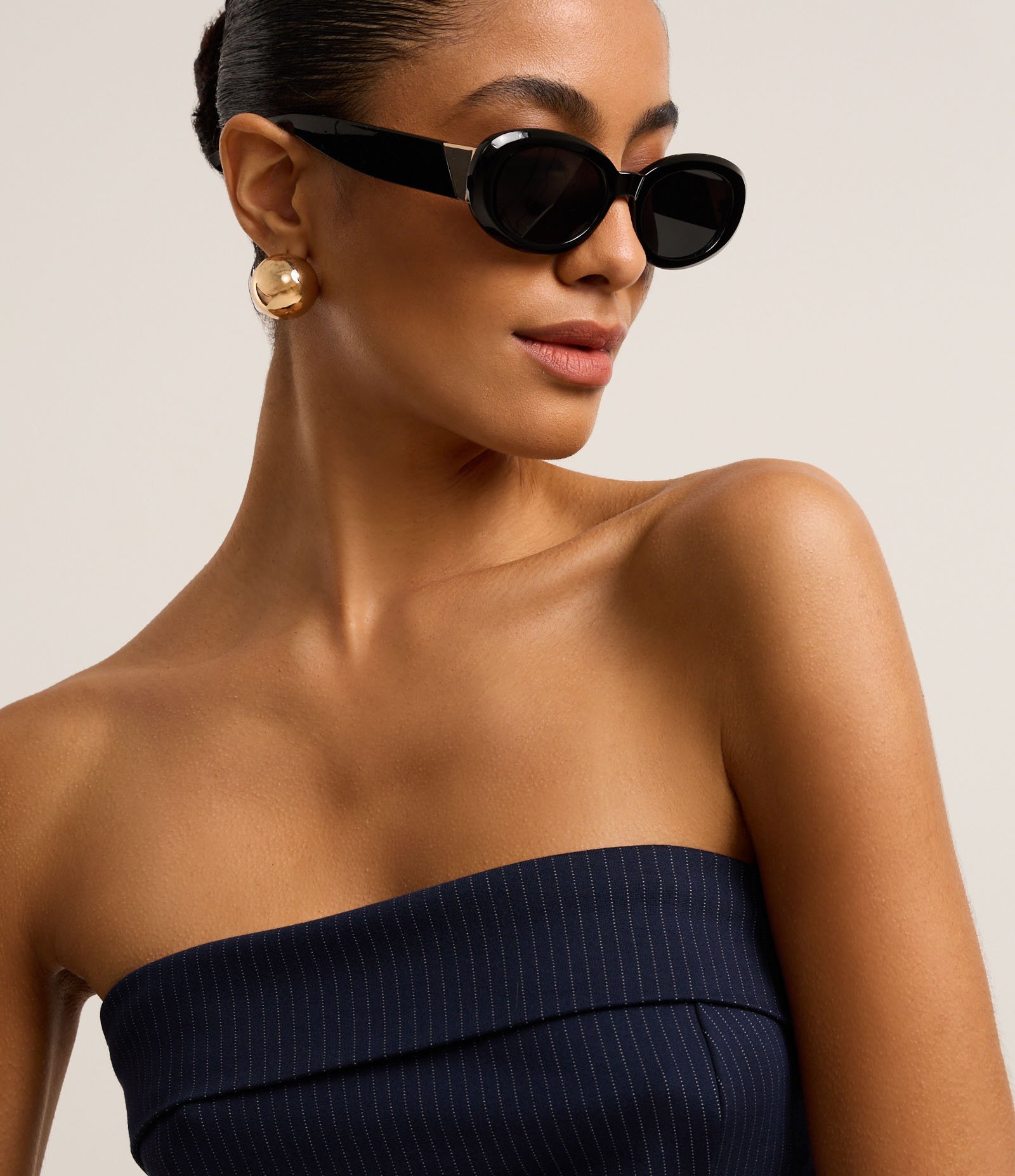 BLusa Cropped Ajustada Sem Alça em Ponto Roma Listrado Azul Marinho 5