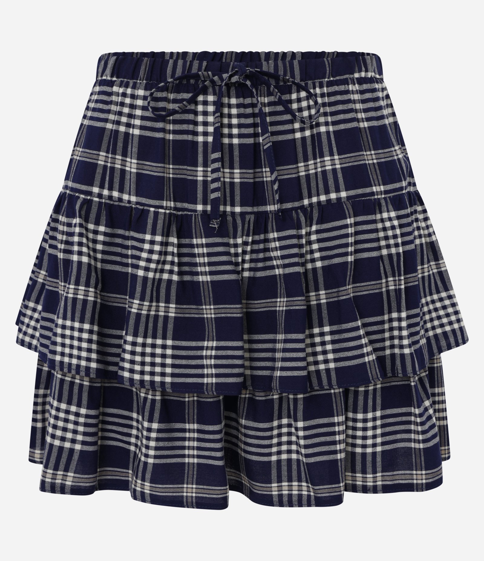 Saia Curta em Chalis com Babados e Estampa Xadrez Azul 6