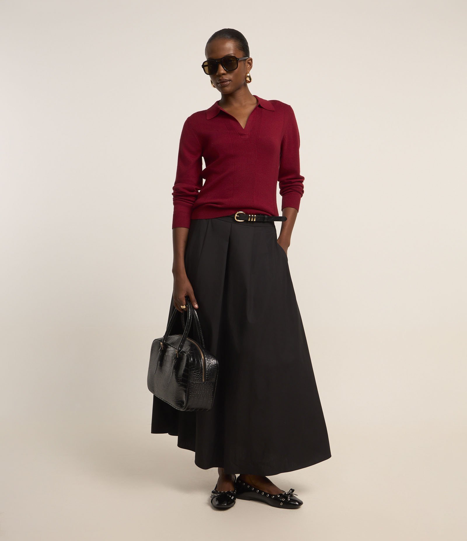 Saia Godê Longa em Tricoline com Pregas Preto 1