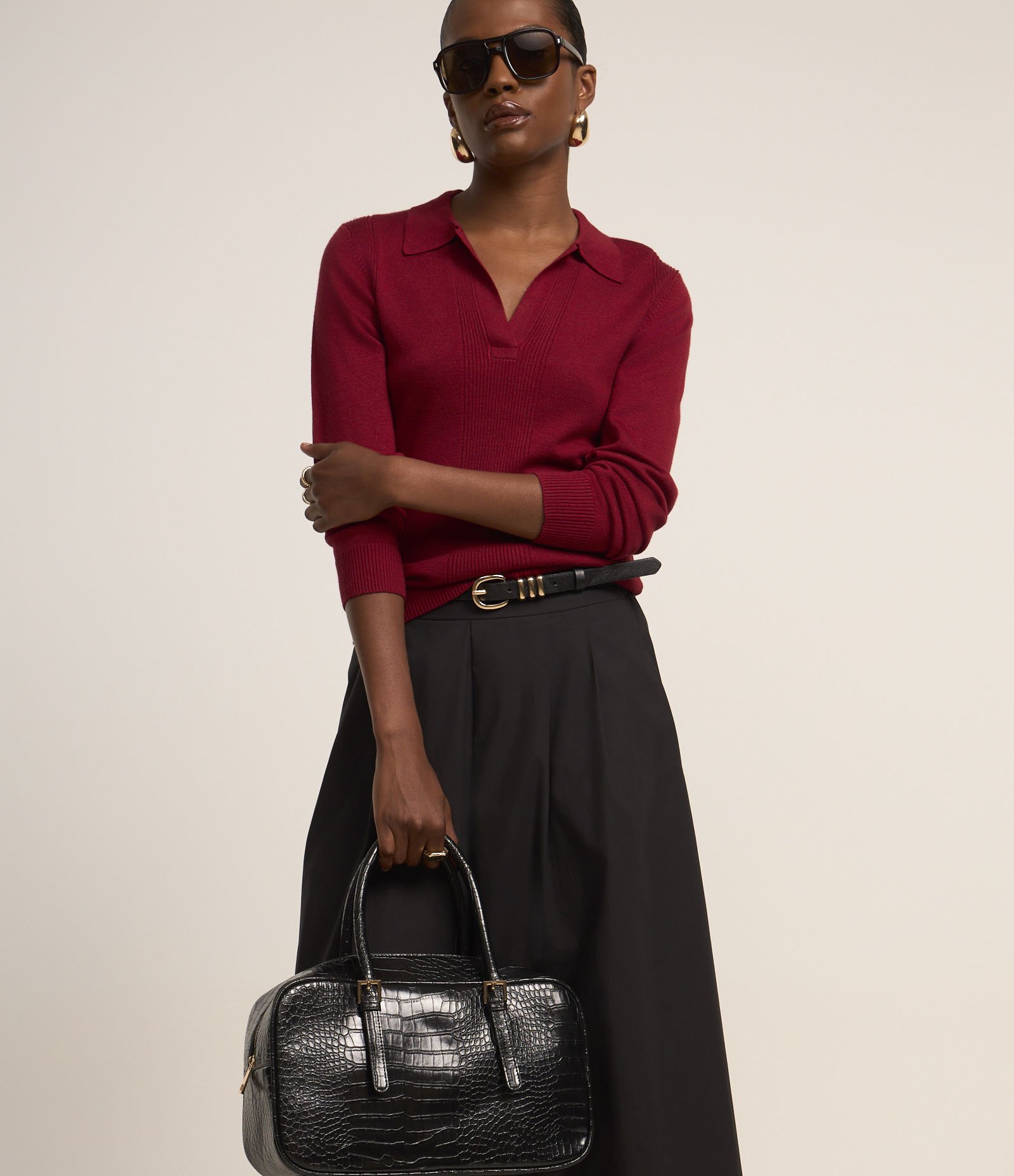 Saia Godê Longa em Tricoline com Pregas Preto 2