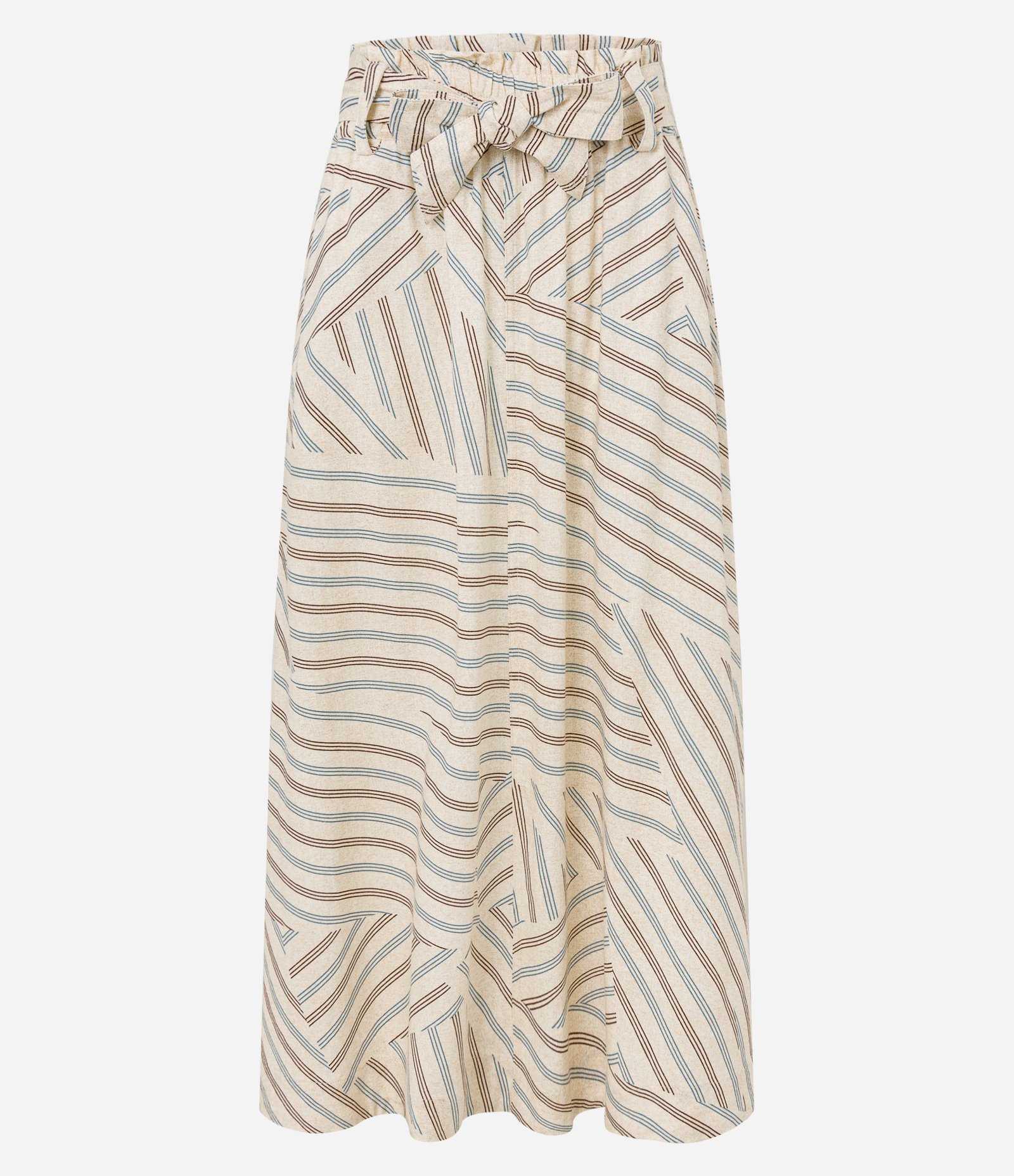 Saia Evasê Midi em Viscolinho com Listras e Amarração Bege 5