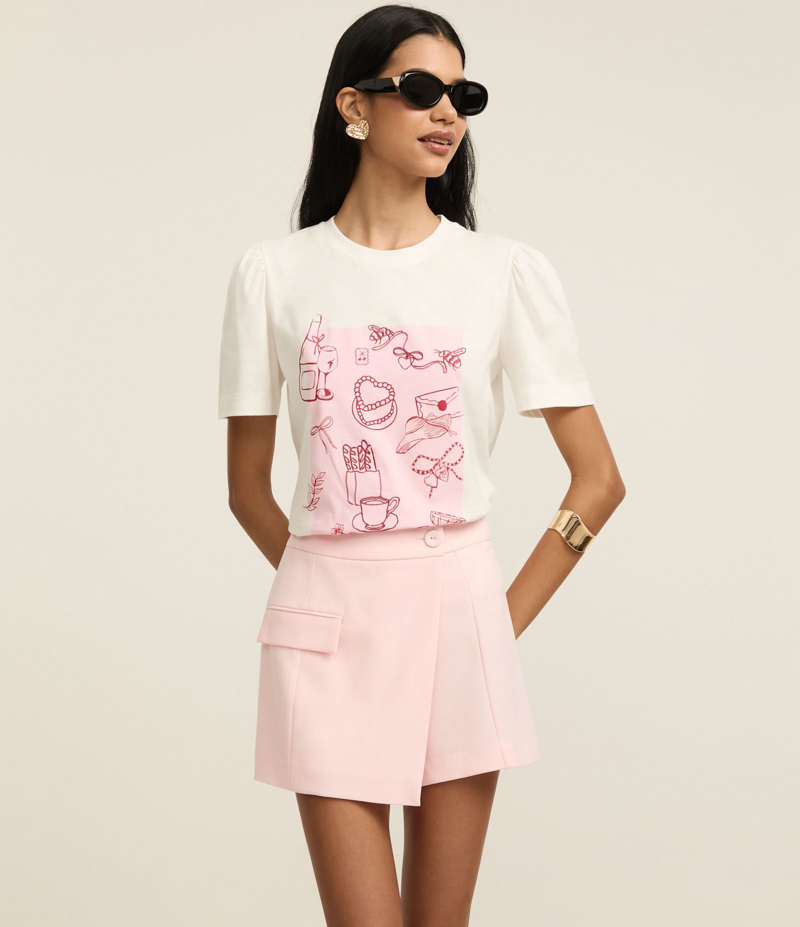 Short Saia Alfaiatada Cintura Alta com Lapela e Textura Rosa 2