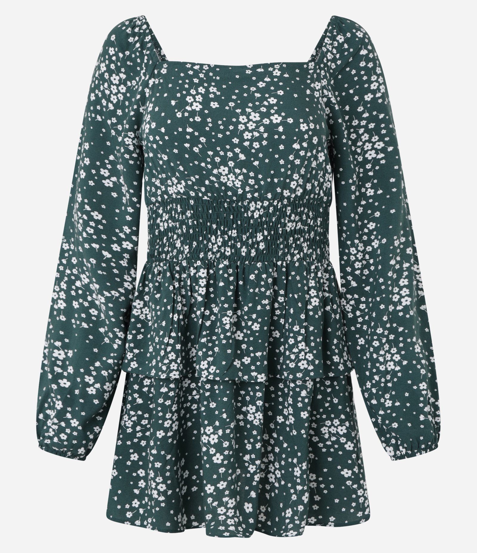 Vestido Curto em Viscose Floral Liberty com Lastex e Babado Verde 5