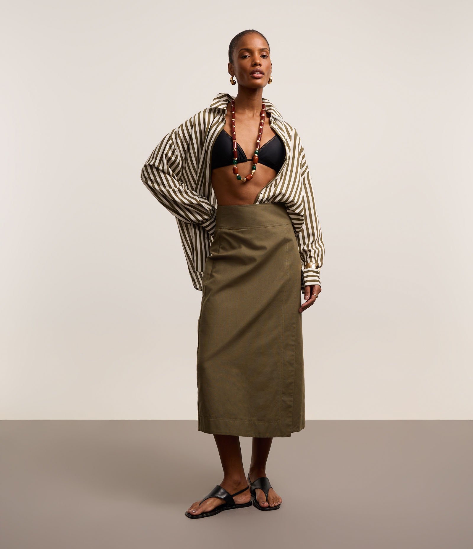 Camisa em Viscose com Listras Fio Tinto Off White/Verde 2