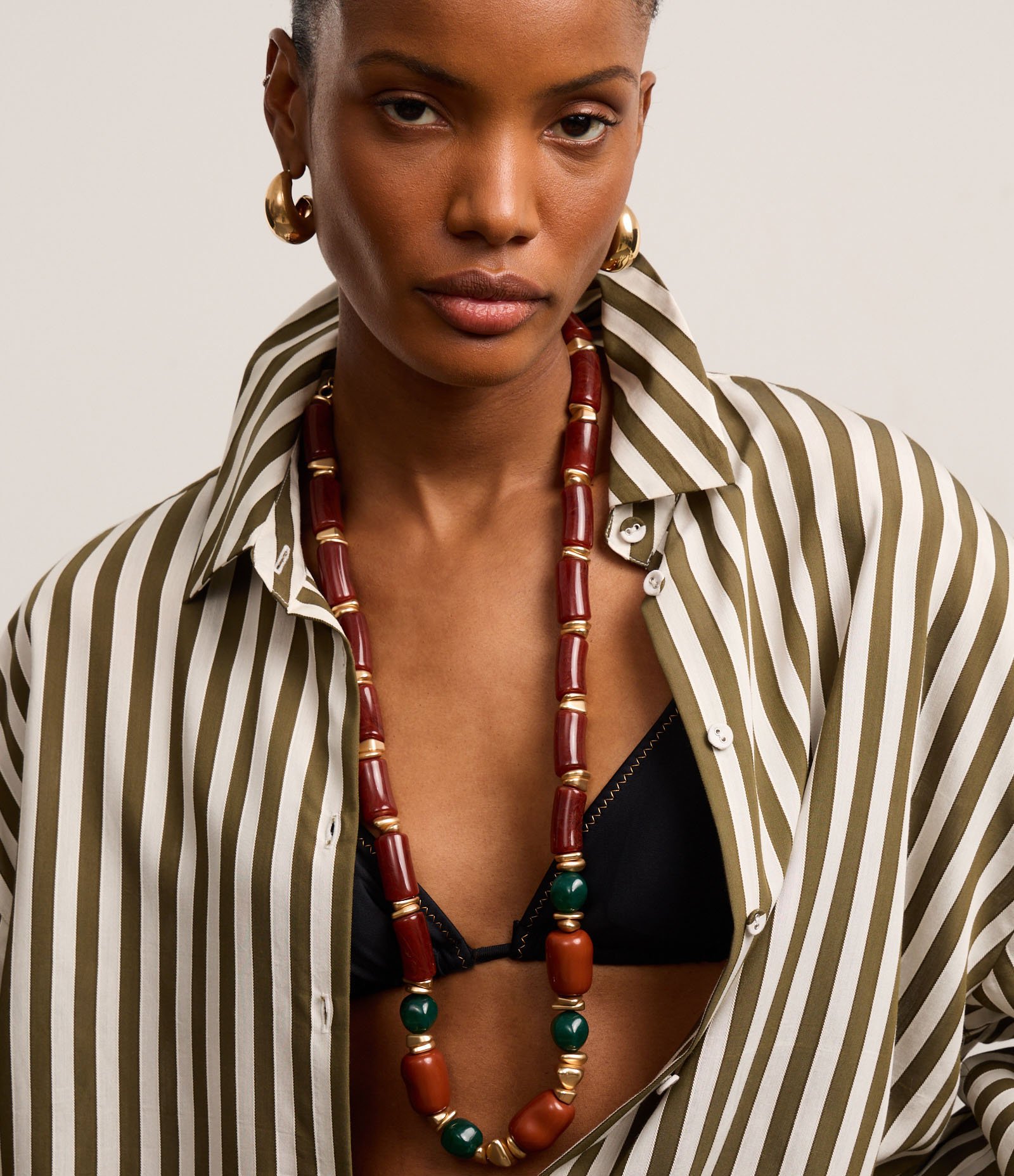 Camisa em Viscose com Listras Fio Tinto Off White/Verde 3