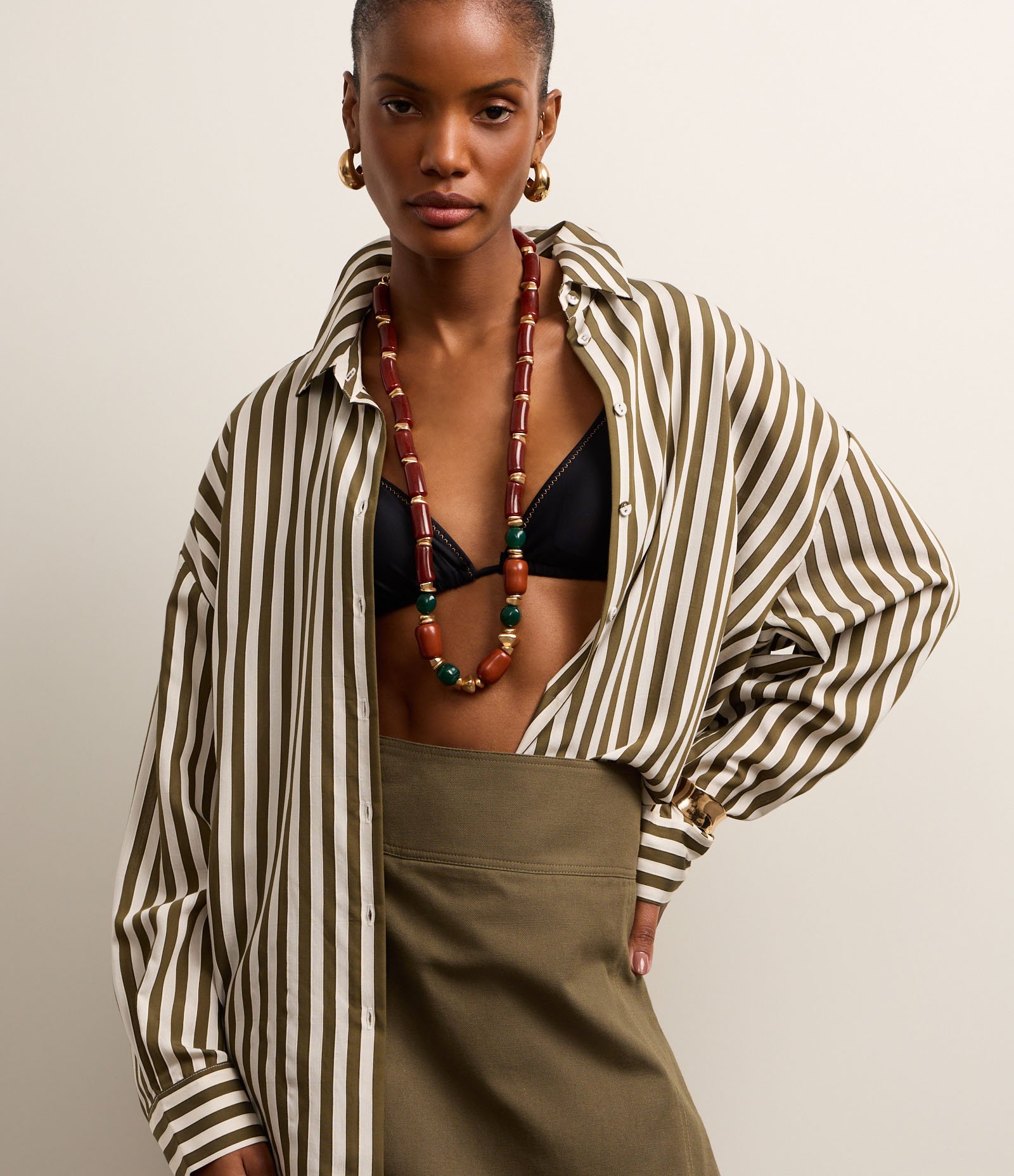 Camisa em Viscose com Listras Fio Tinto Off White/Verde 6