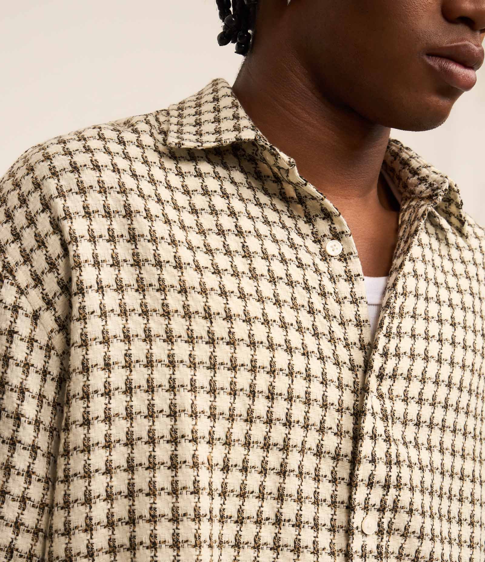 Camisa Oversized em Tweed com Estampa Xadrez Bege 3