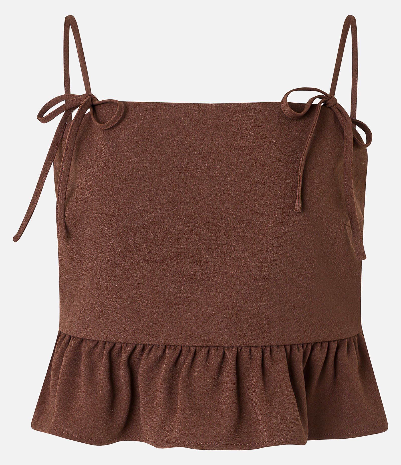 Blusa Peplum em Crepe com Alça de Laço e Babado na Barra Marrom 6