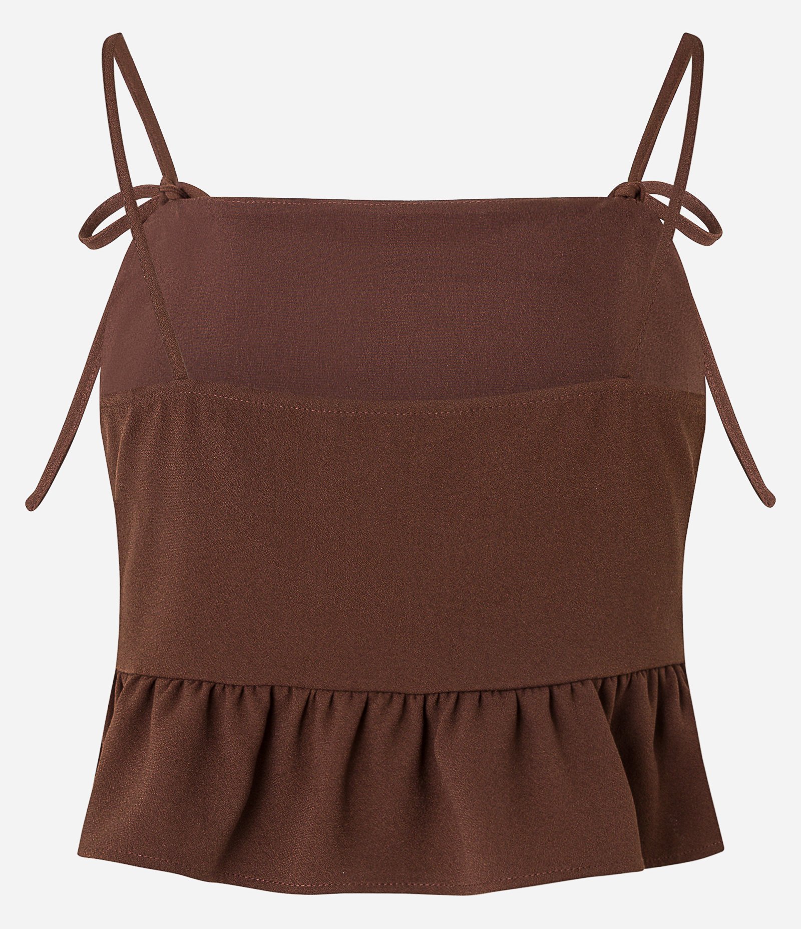 Blusa Peplum em Crepe com Alça de Laço e Babado na Barra Marrom 7