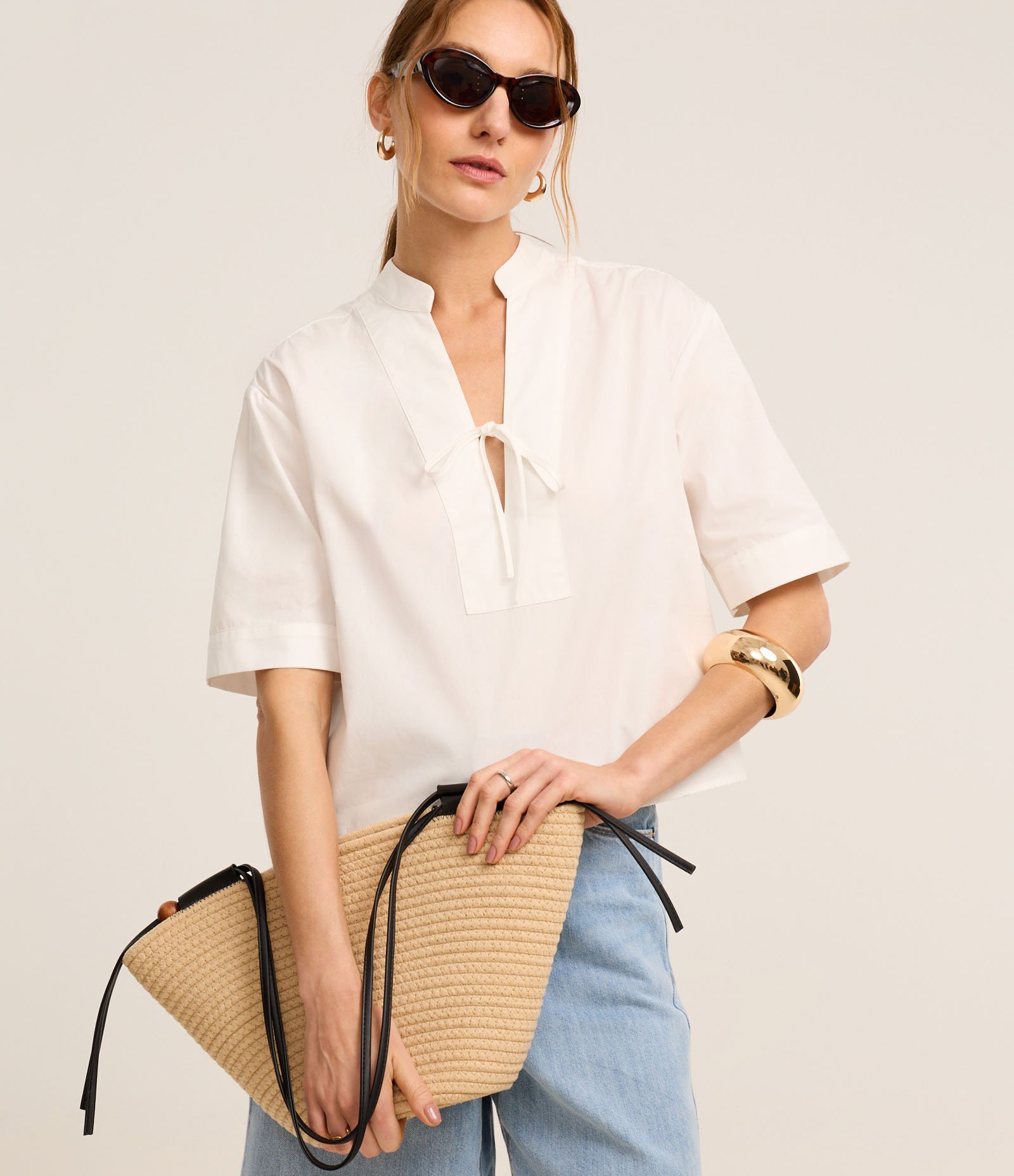 Blusa em Tricoline com Amarração na Gola Padre Off White 1