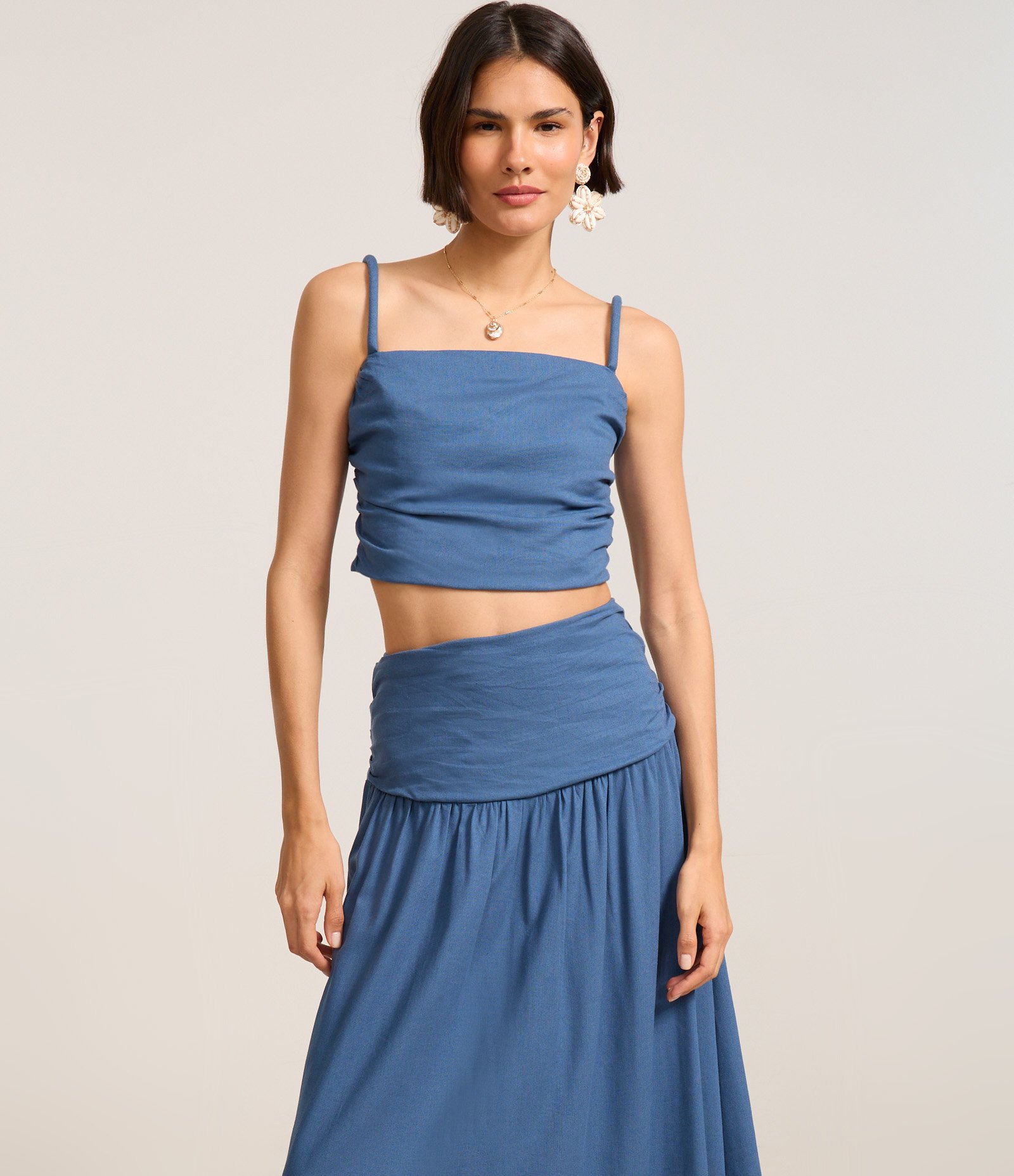 Saia New Midi em Viscose com Linho e Pregas Laterais Azul 2