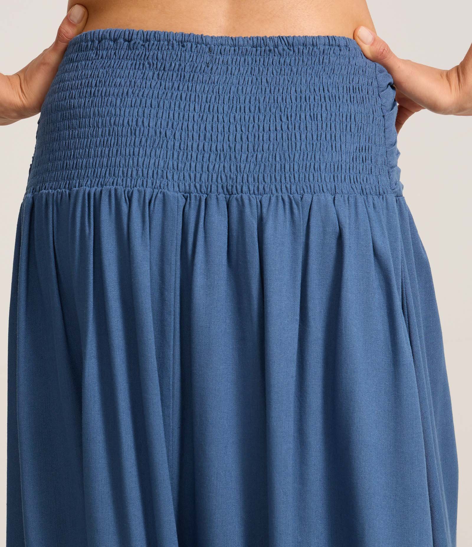 Saia New Midi em Viscose com Linho e Pregas Laterais Azul 4
