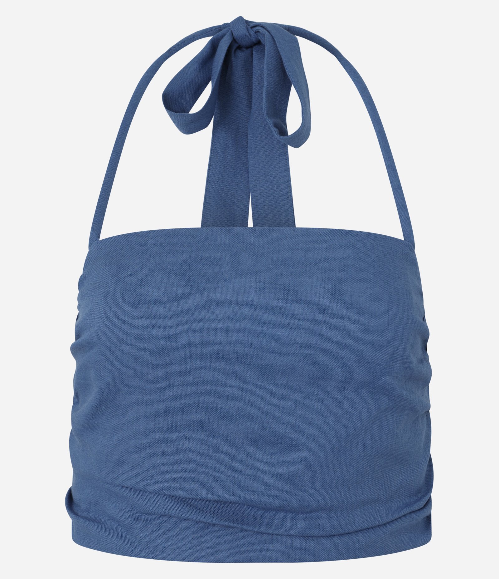 Blusa Cropped em Viscose e Linho com Lastex e Franzido na Lateral Azul 7