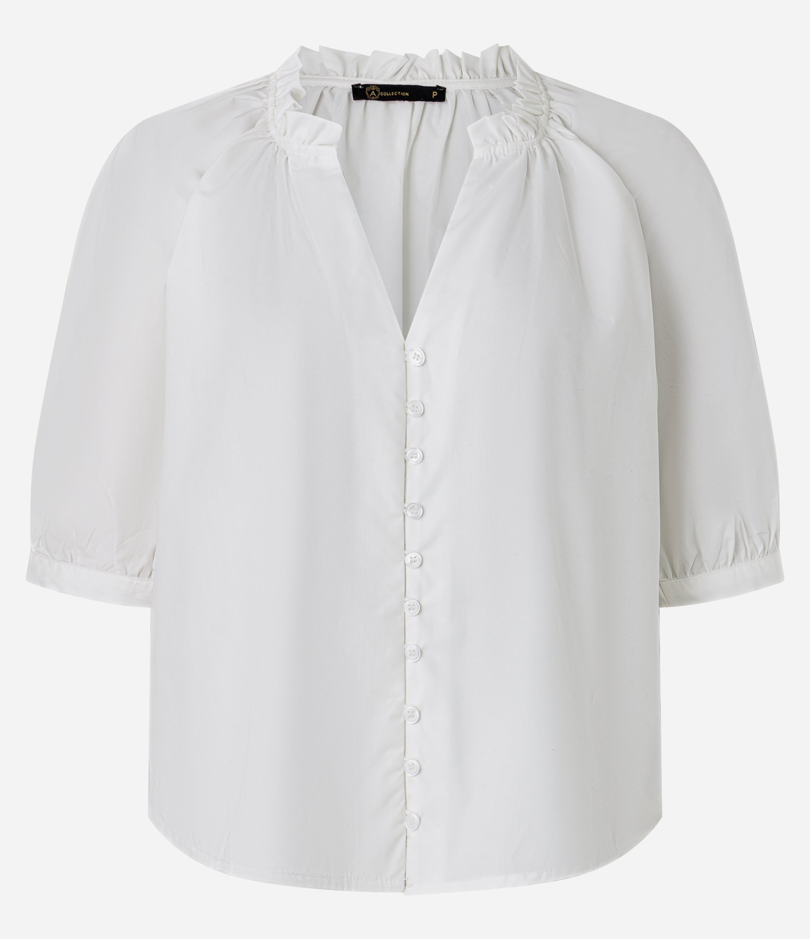 Camisa em Tricoline com Frufru na Gola Padre e Manga Bufante Branco 5