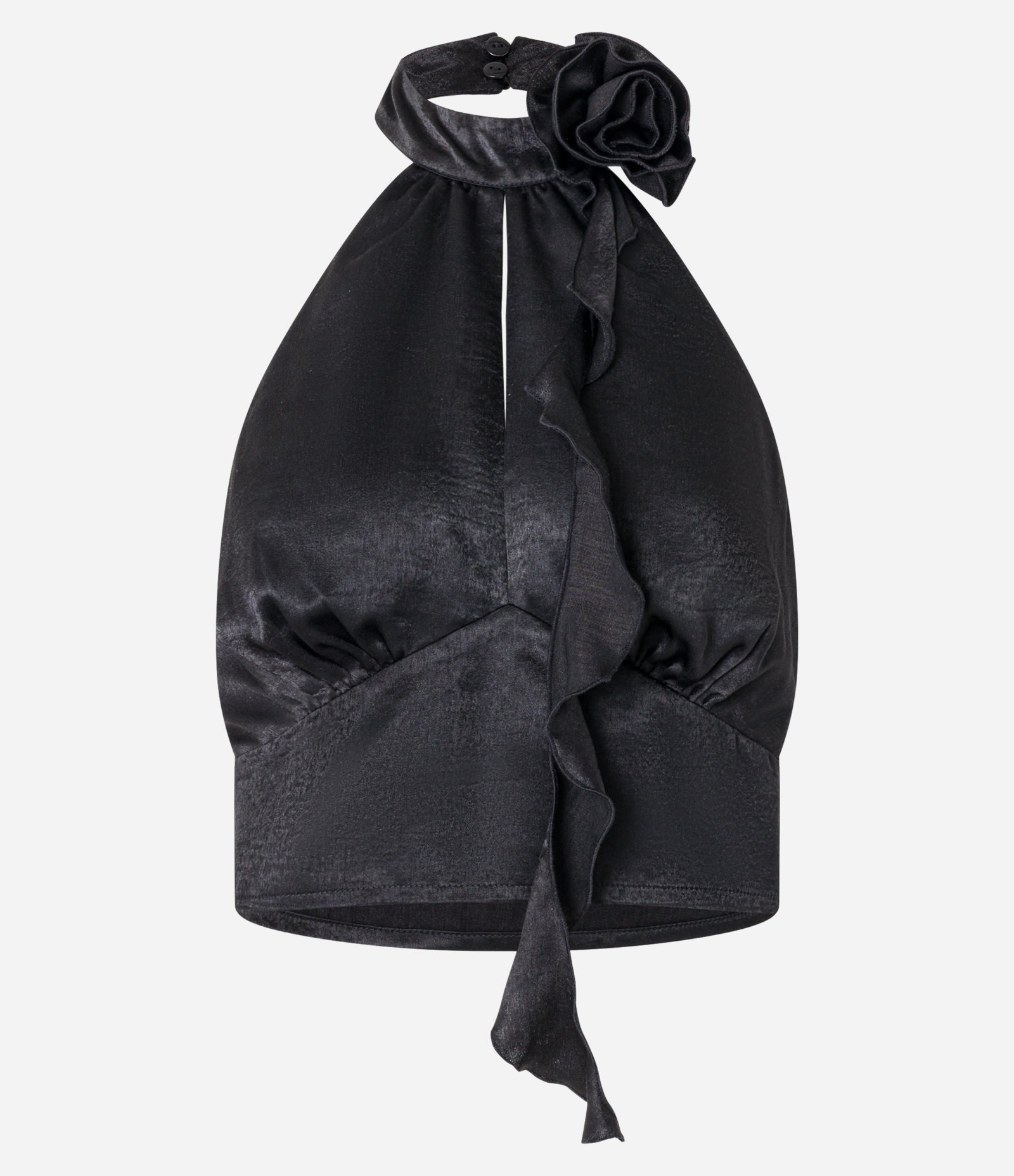 Blusa Curta Acetinada com Flor Aplicada no Decote Preto 5