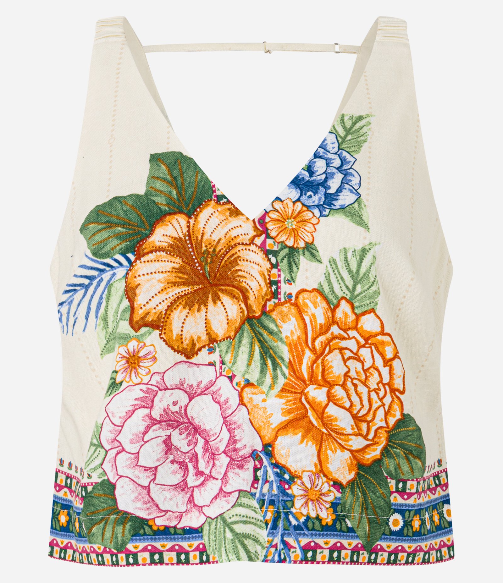 Blusa em Viscose Twill Floral com Elastico e Alca Quadradinha Bege 5