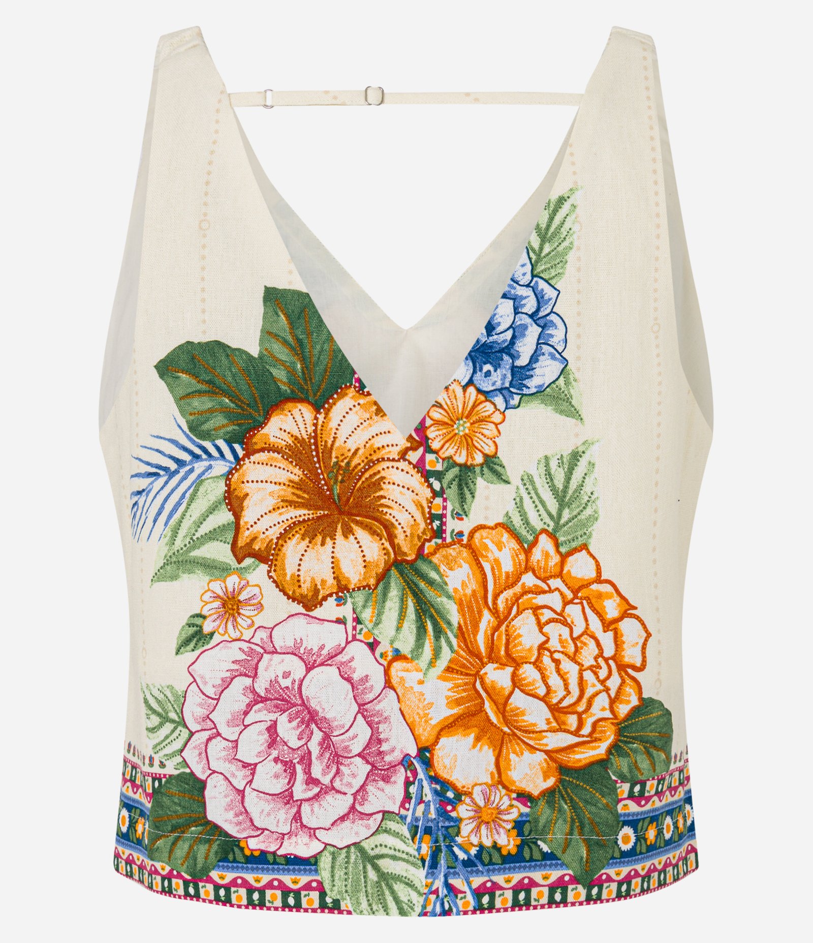 Blusa em Viscose Twill Floral com Elastico e Alca Quadradinha Bege 6