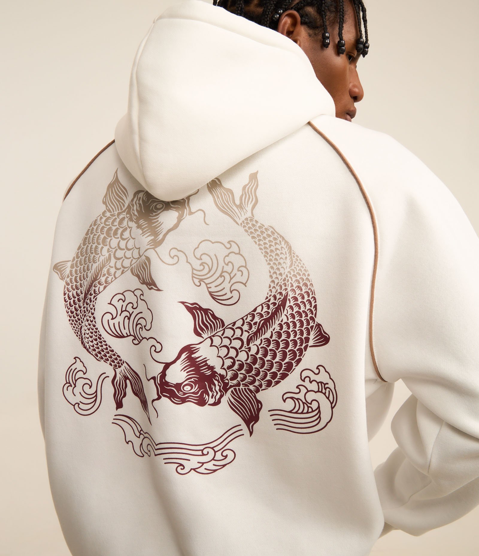 Casaco Boxy em Fleece com Felpa com Estampa Degradê de Peixes Orientais Branco 3