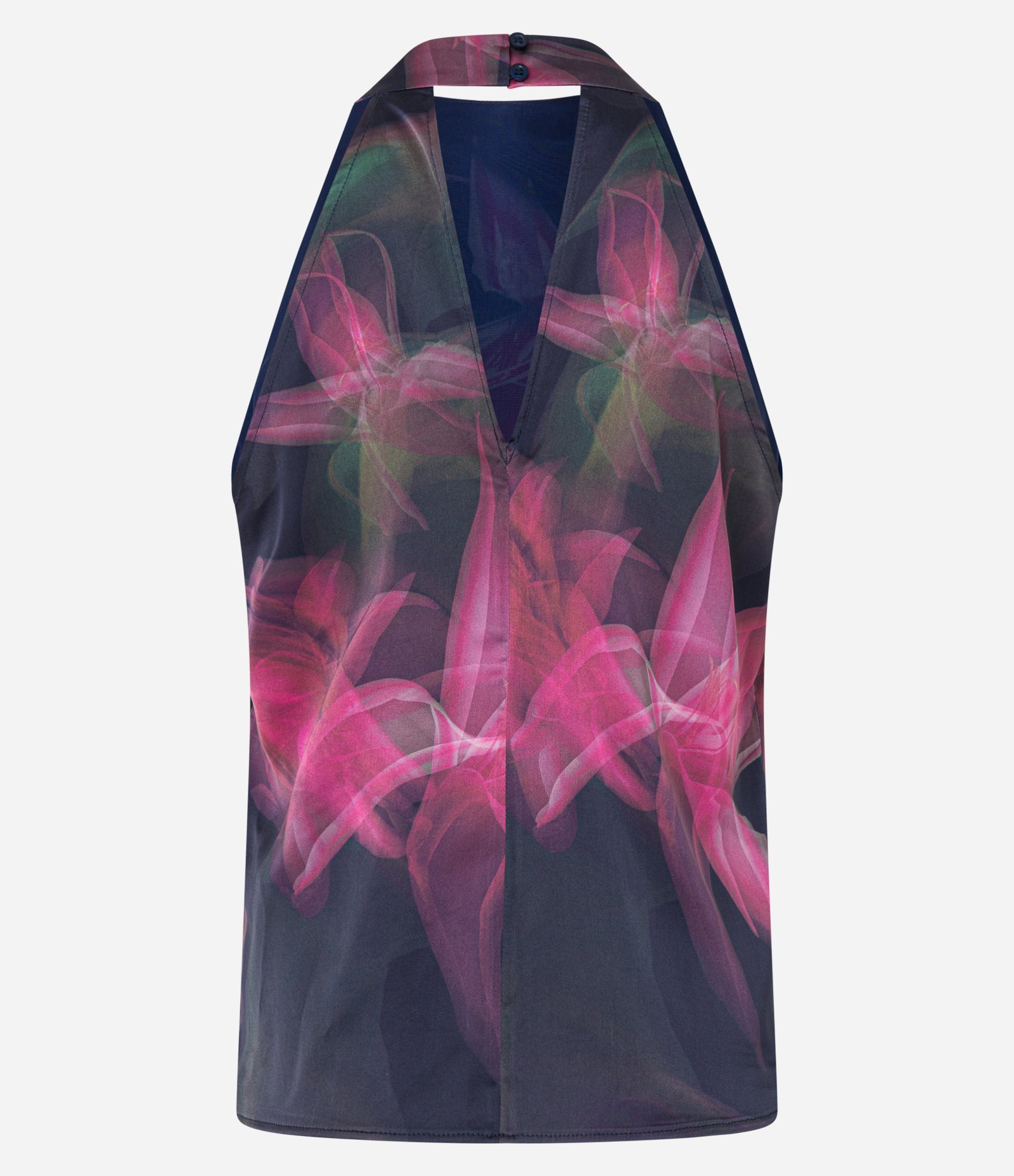 Blusa Acetinada com Gola Halter e Estampa Floral Esmaecida Azul 9
