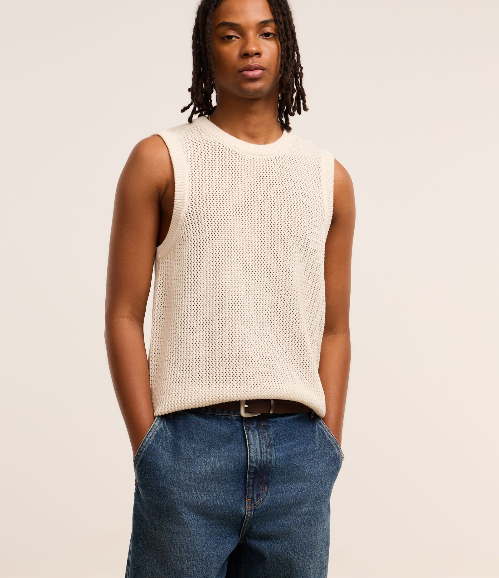 Regata Regular em Tricô com Viés em Ribana Bege 1