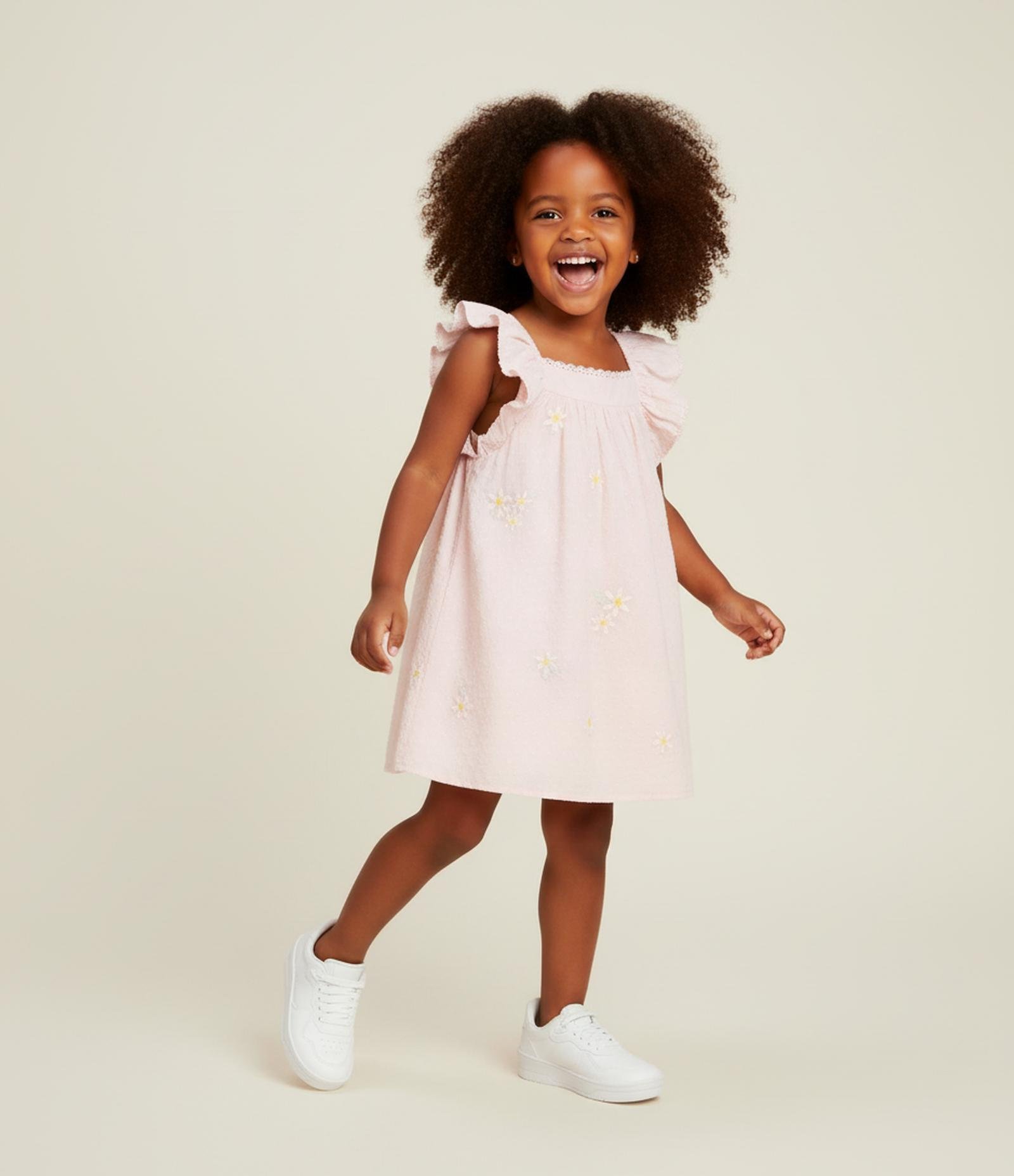 Vestido Infantil em Tricoline com Bordado Margaridas - Tam 1 a 6 Anos Rosa 1