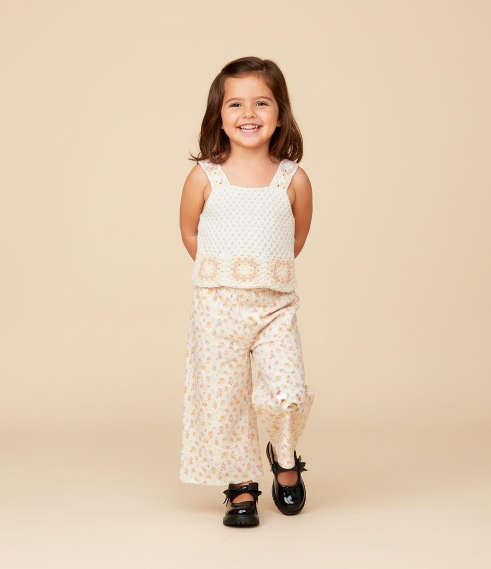 Calça Wide Leg Infantil com Estampa Floral - Tam 1 a 6 Anos Bege 1