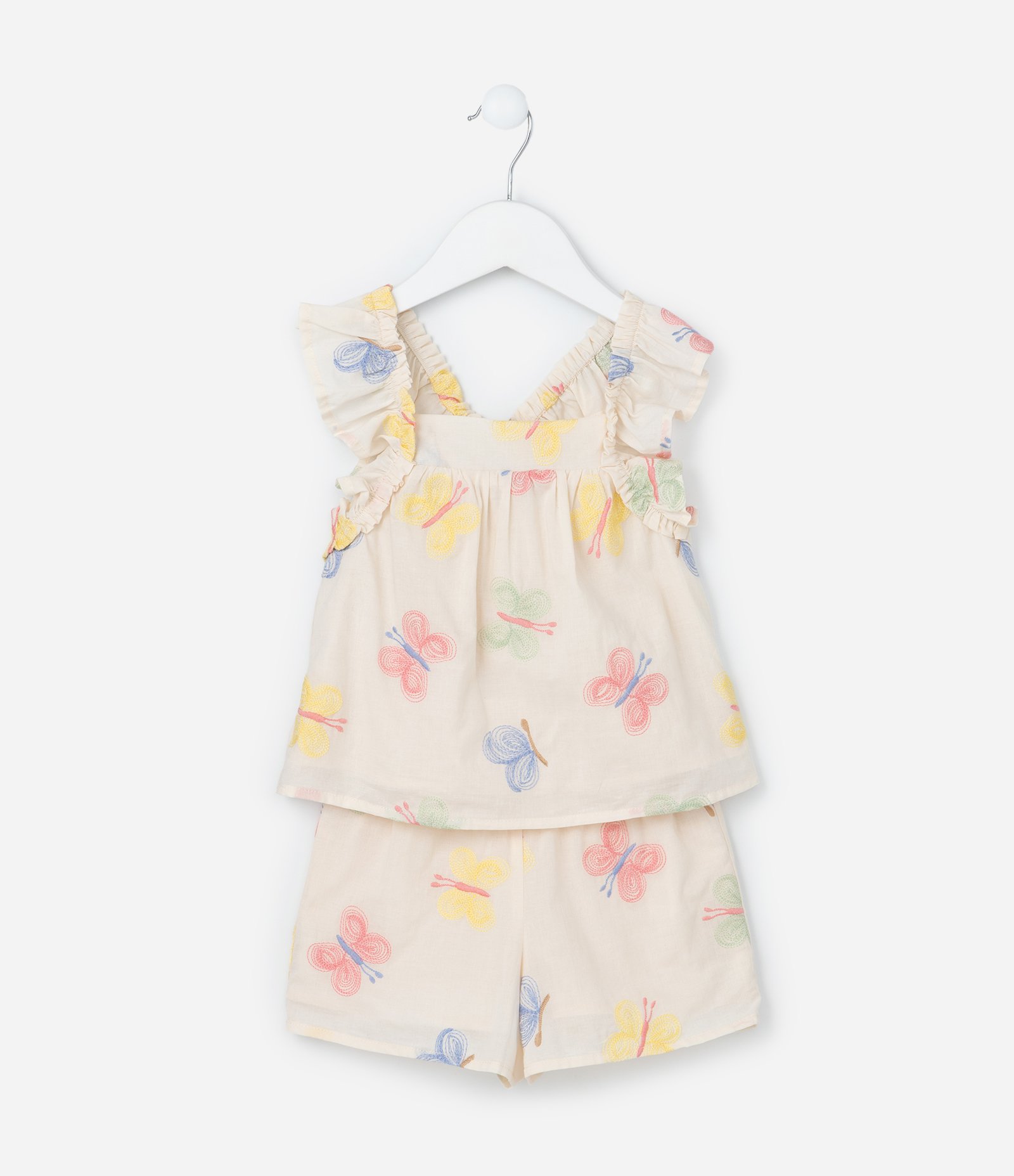 Conjunto Infantil em Tricoline com Bordado Borboletas - Tam 1 a 6 Anos Bege 1