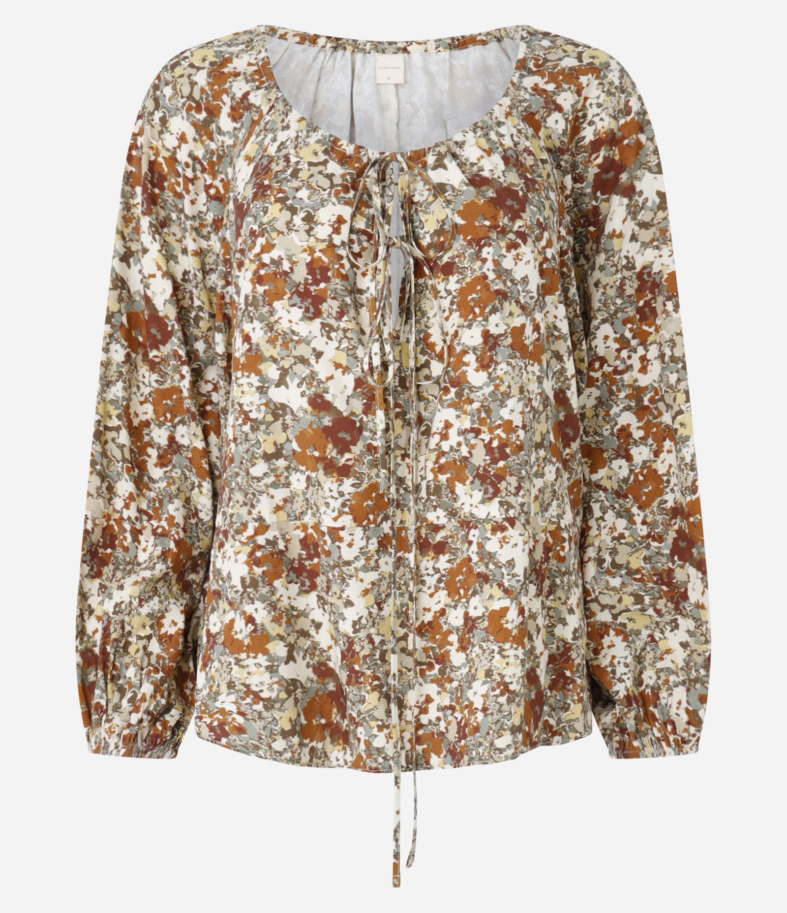 Blusa em Viscose com Amarração na Gola e Estampa Abstrata Marrom 5