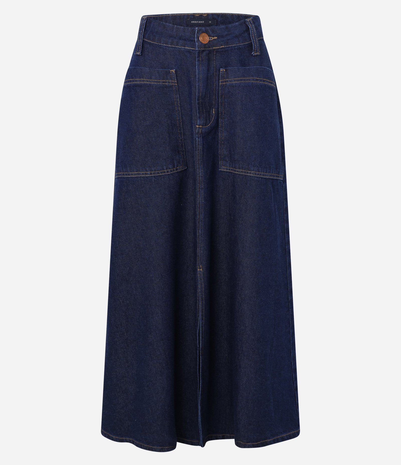 Saia Evasê Midi em Jeans com Fenda e Bolsos Frontais Azul Escuro 5