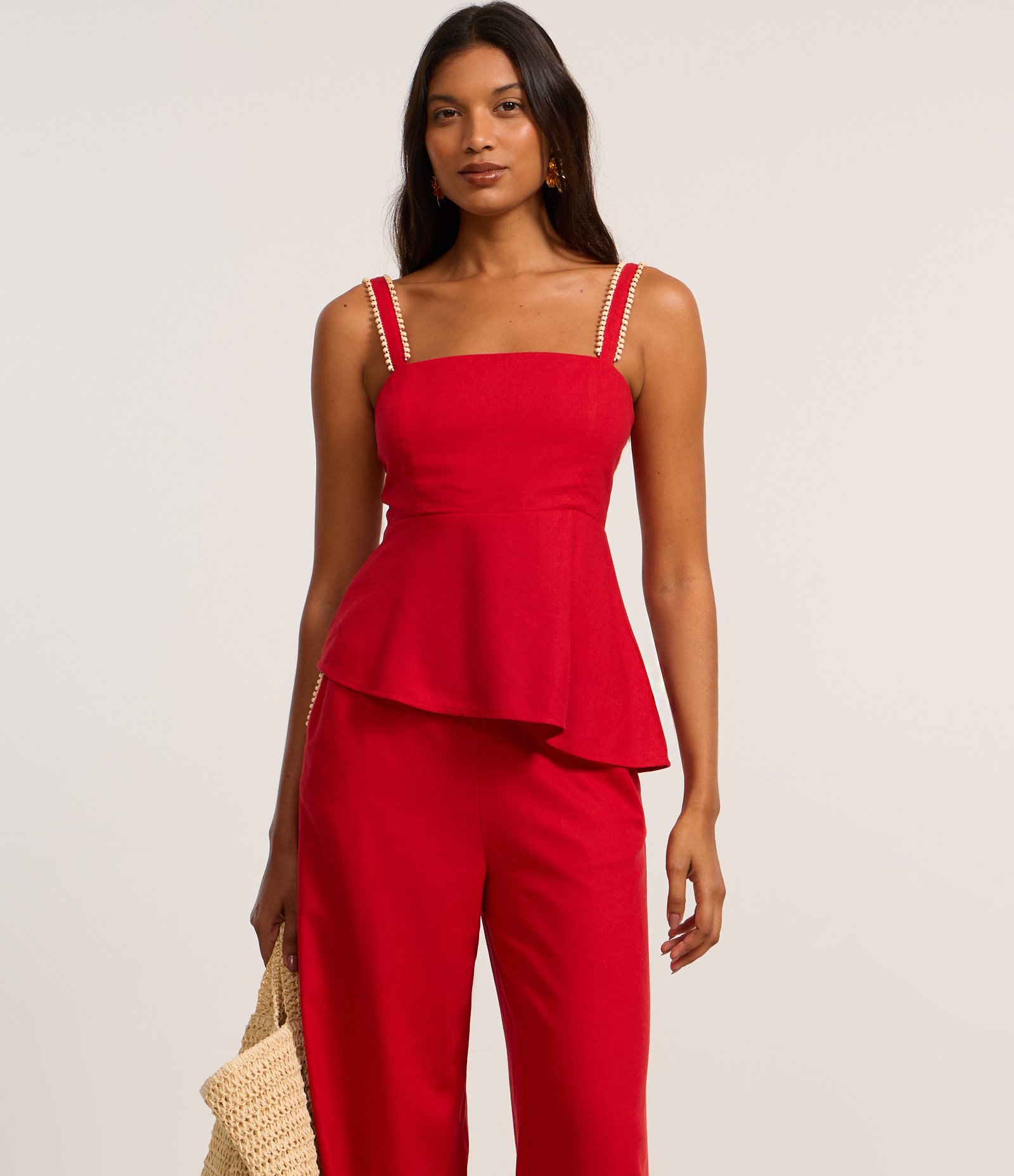 Calça Pantalona em Viscolinho com Bolinhas nos Bolso Vermelho 2