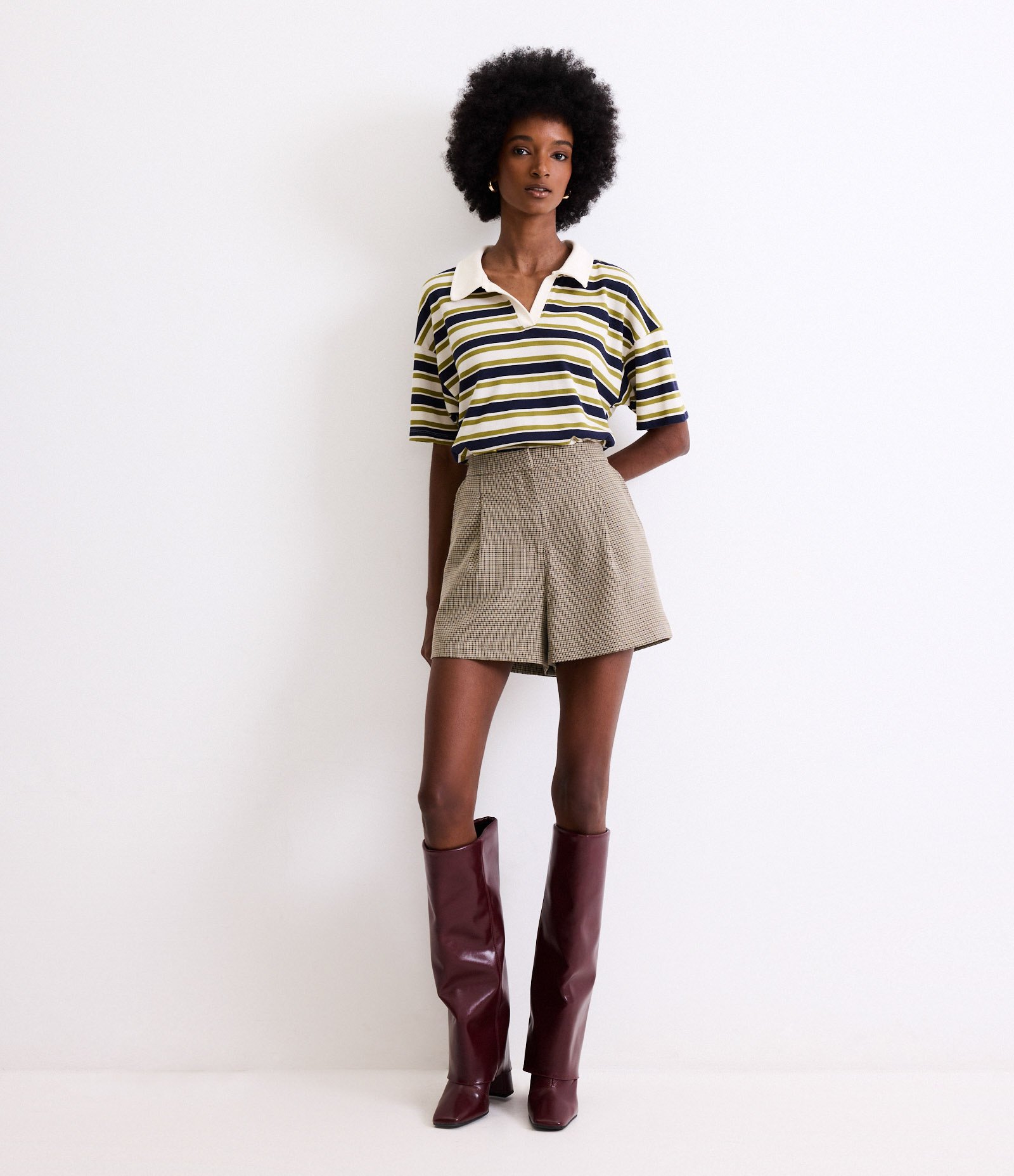 Camiseta Oversized Boxy em Algodão com Gola Polo e Listras Branco 1