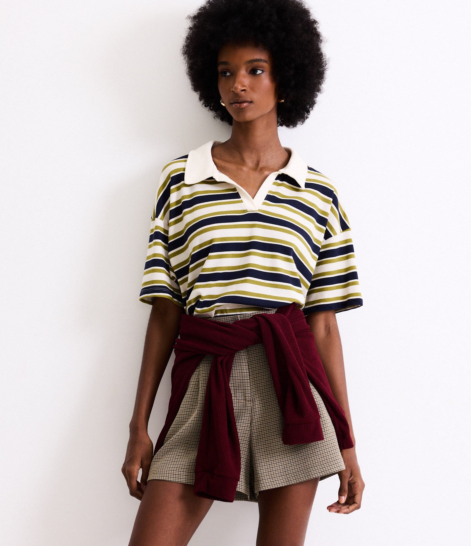 Camiseta Oversized Boxy em Algodão com Gola Polo e Listras Branco 2