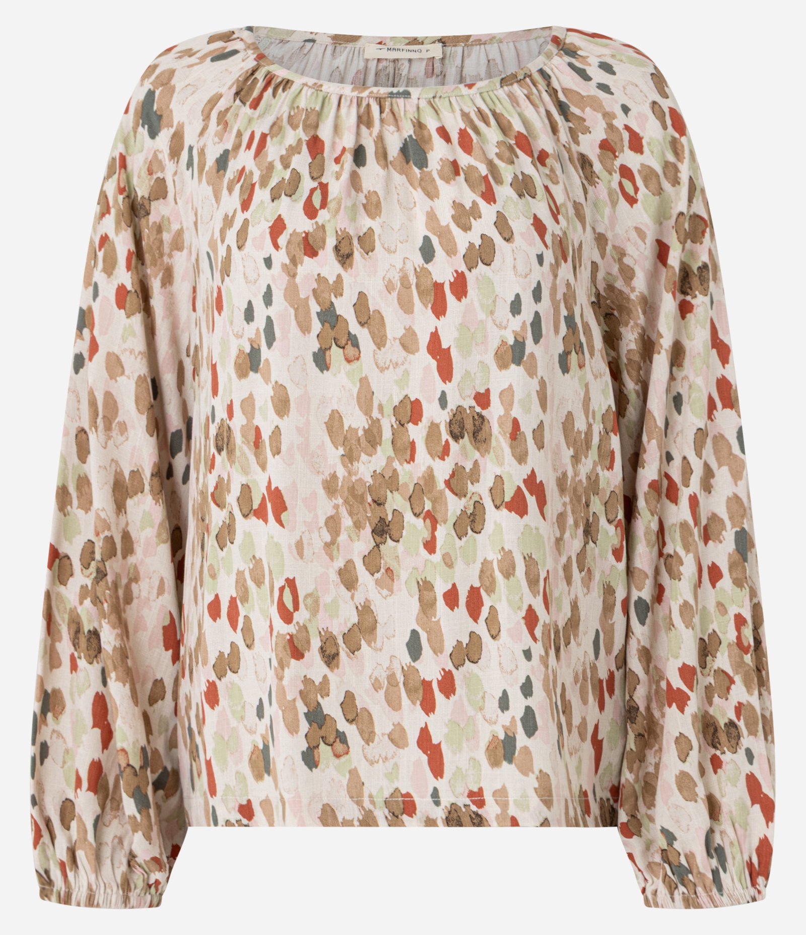 Blusa em Chalis com Estampa Abstrata e Decote Canoa Bege 5