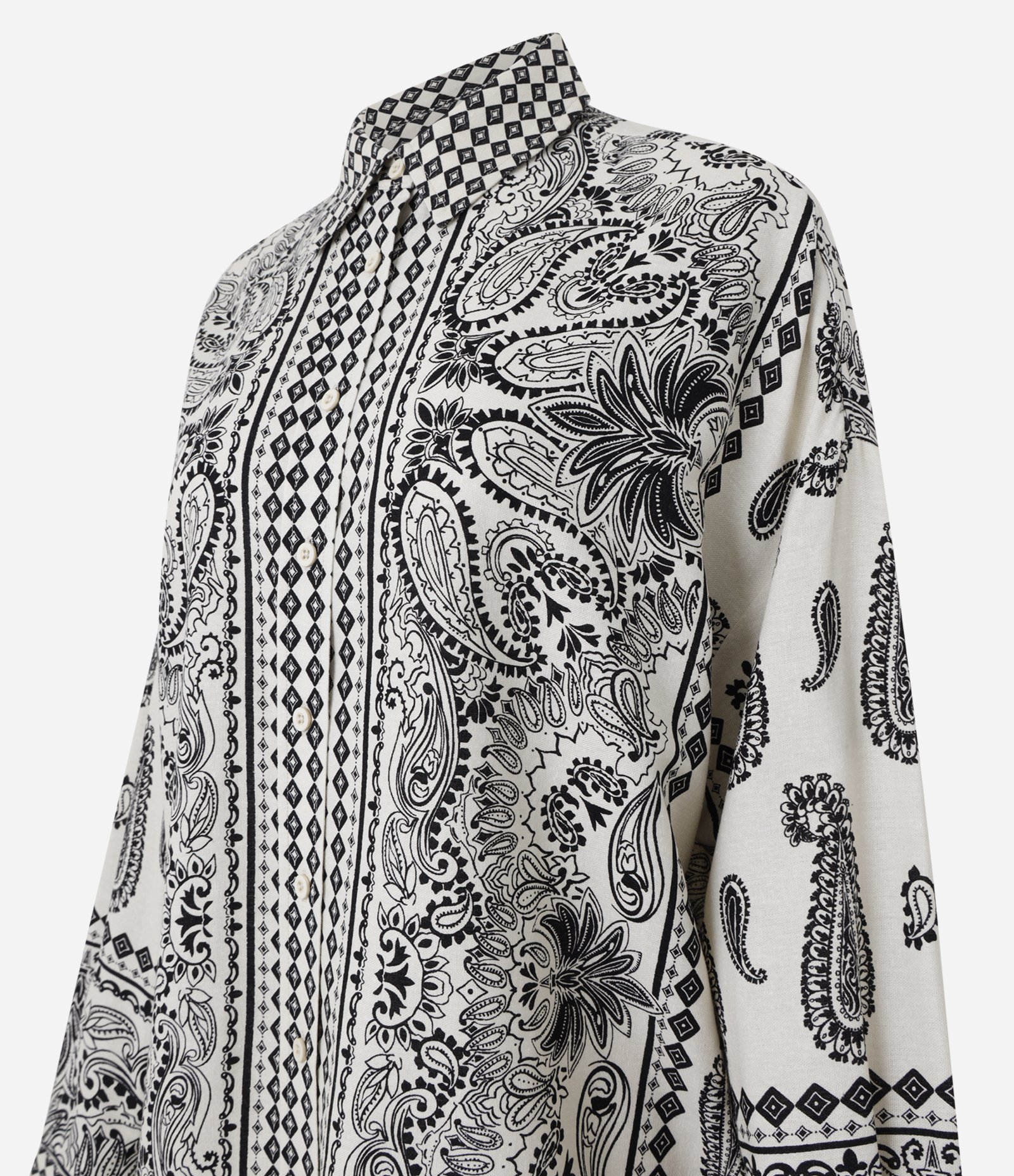 Camisa Alongada em Viscolinho com Estampa Abstrata Bege/Preto 6