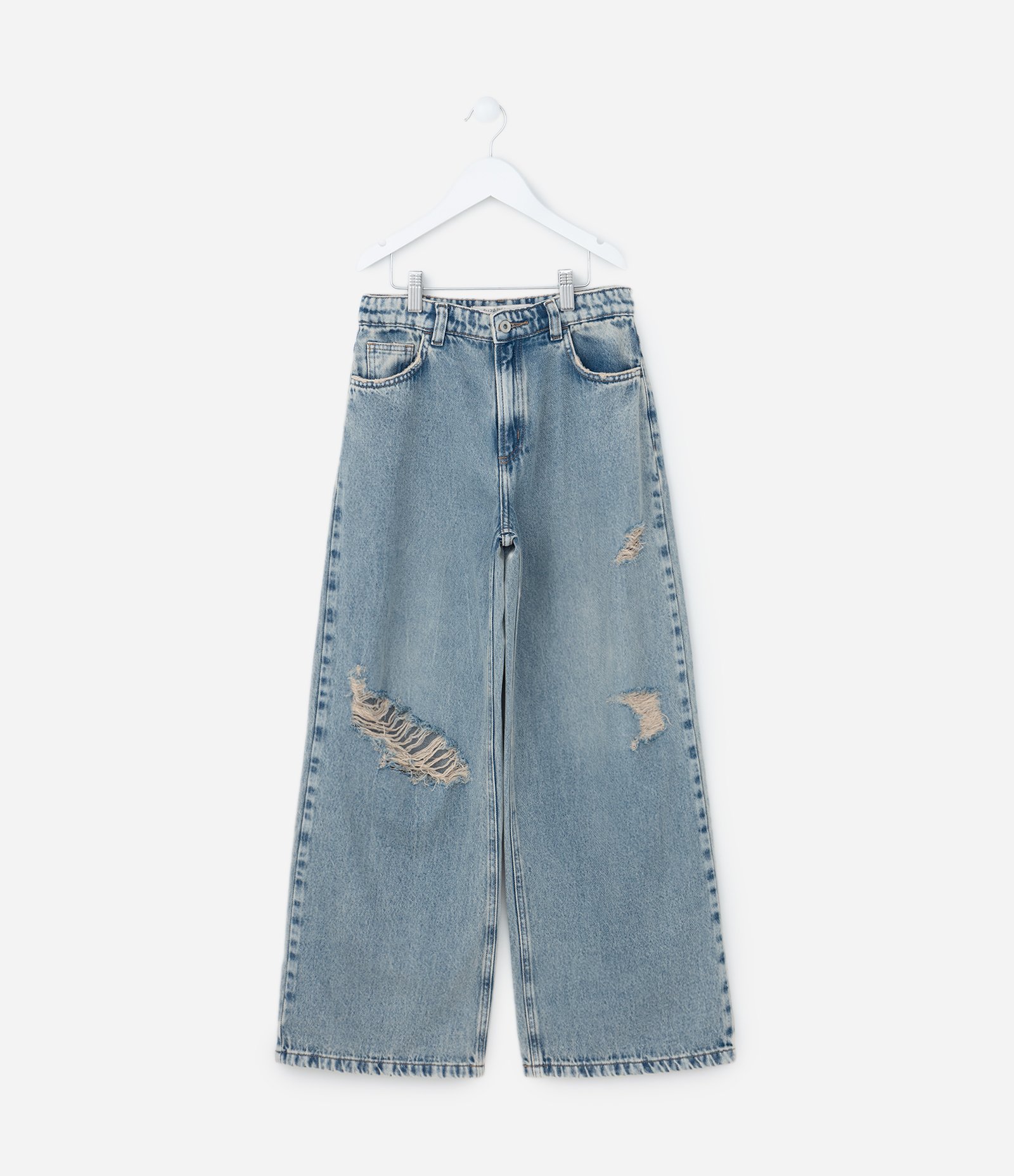 Calça Wide Leg Infantil em Jeans Dirty com Puídos - Tam 5 a 14 Anos Azul 1