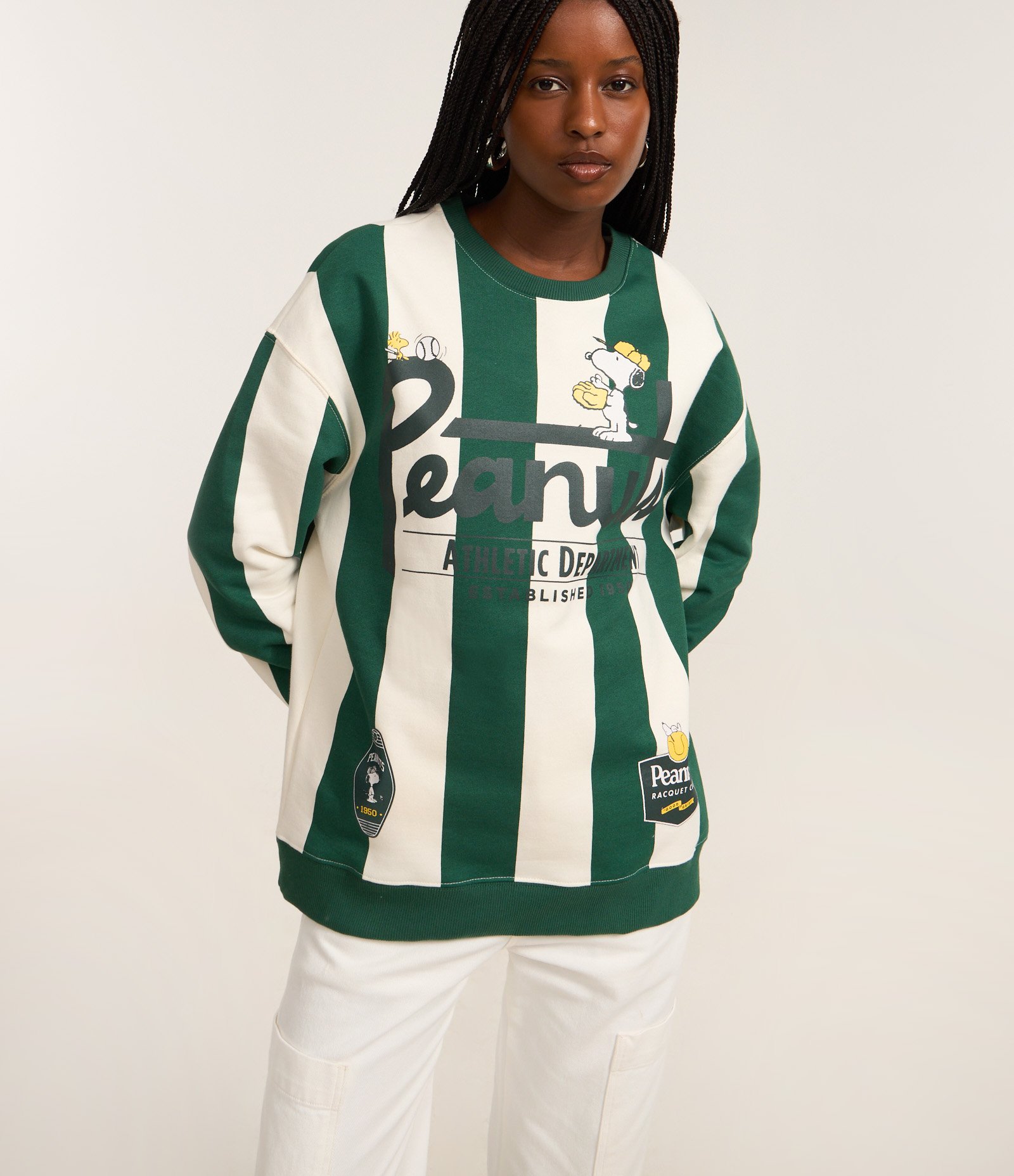 Moletom com Forro Fleece com Estampa Snoopy e Listras Verde 1