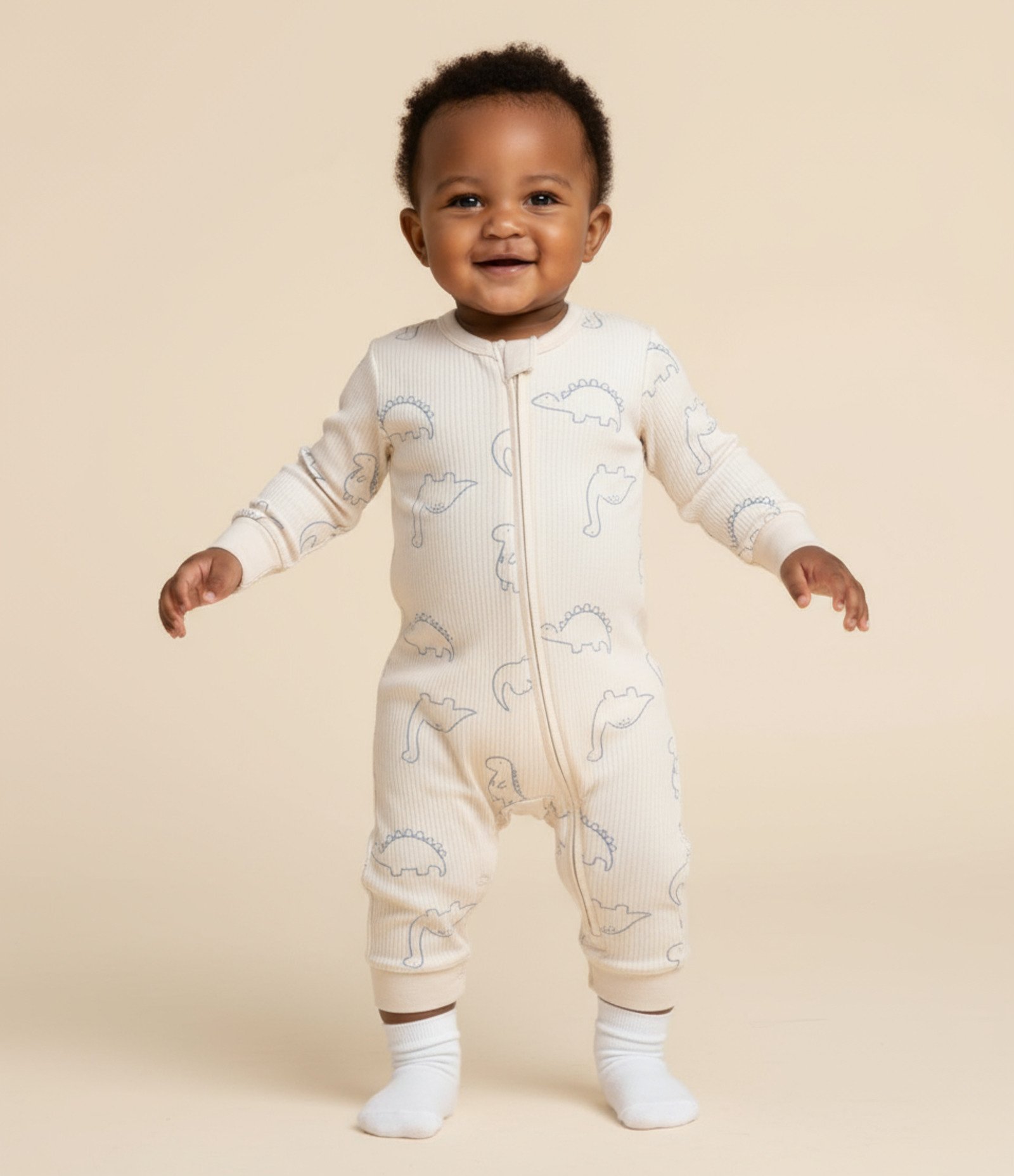 Macacão Infantil Canelado com Estampa Dinos - Tam RN a 18 meses Bege 1