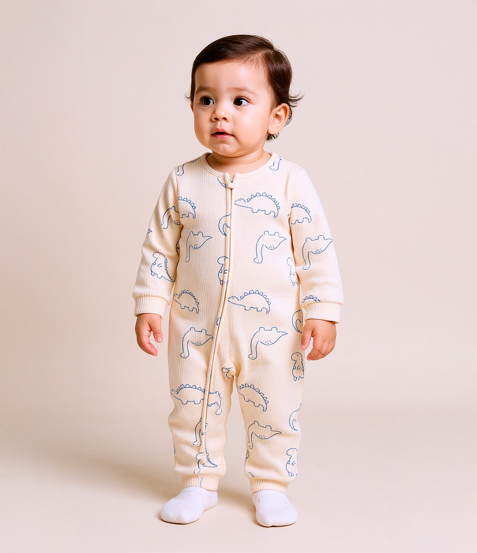 Macacão Infantil Canelado com Estampa Dinos - Tam RN a 18 meses Bege 2