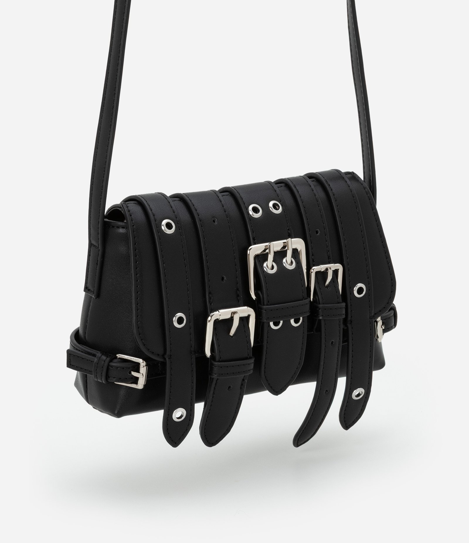 Bolsa Transversal Pequena com Tampa de Cintos com Fivelas e Ilhós Preto 1