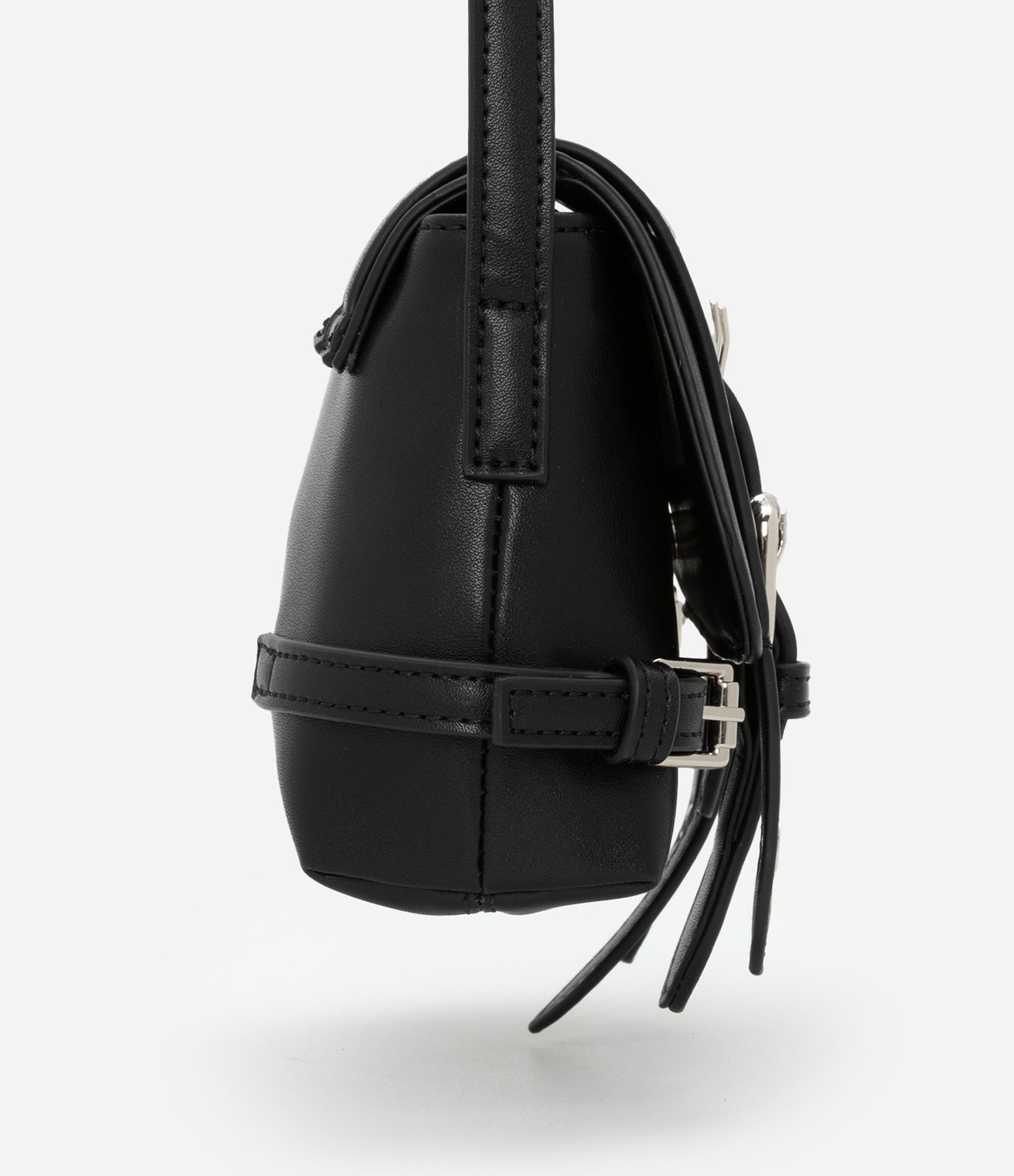 Bolsa Transversal Pequena com Tampa de Cintos com Fivelas e Ilhós Preto 2