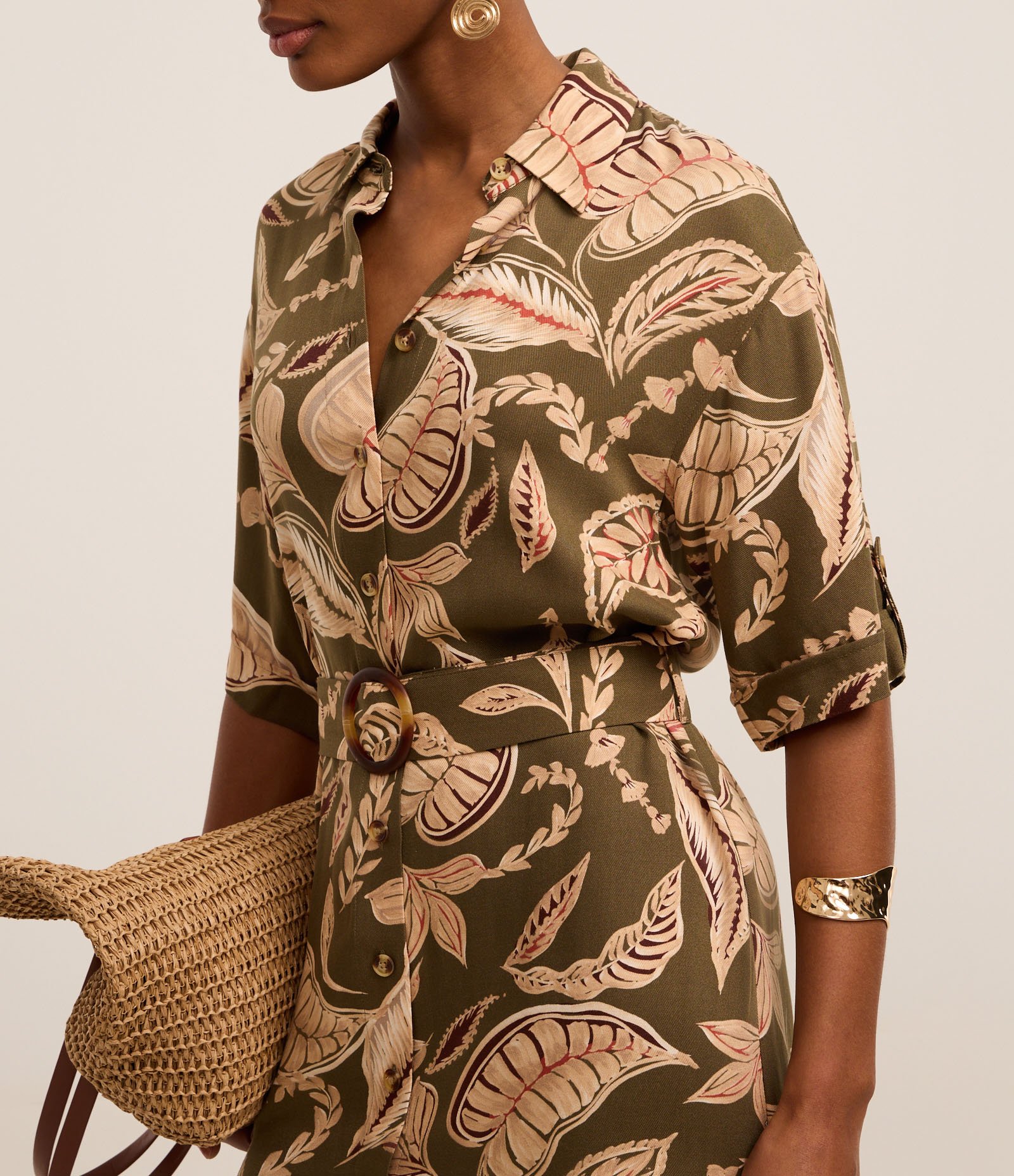 Vestido Boho Chemise Curto em Viscose com Estampa Folhagem Verde 3