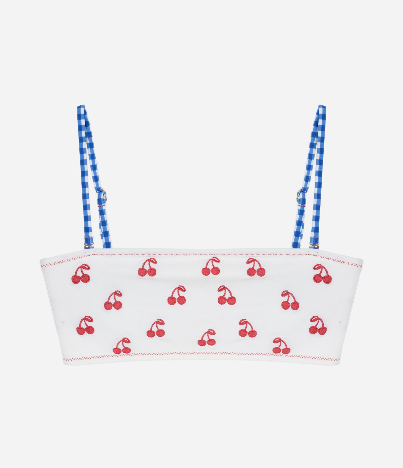 Biquíni Top Bandeau em Microfibra com Bordado de Cerejas e Alças Vichy Branco 5